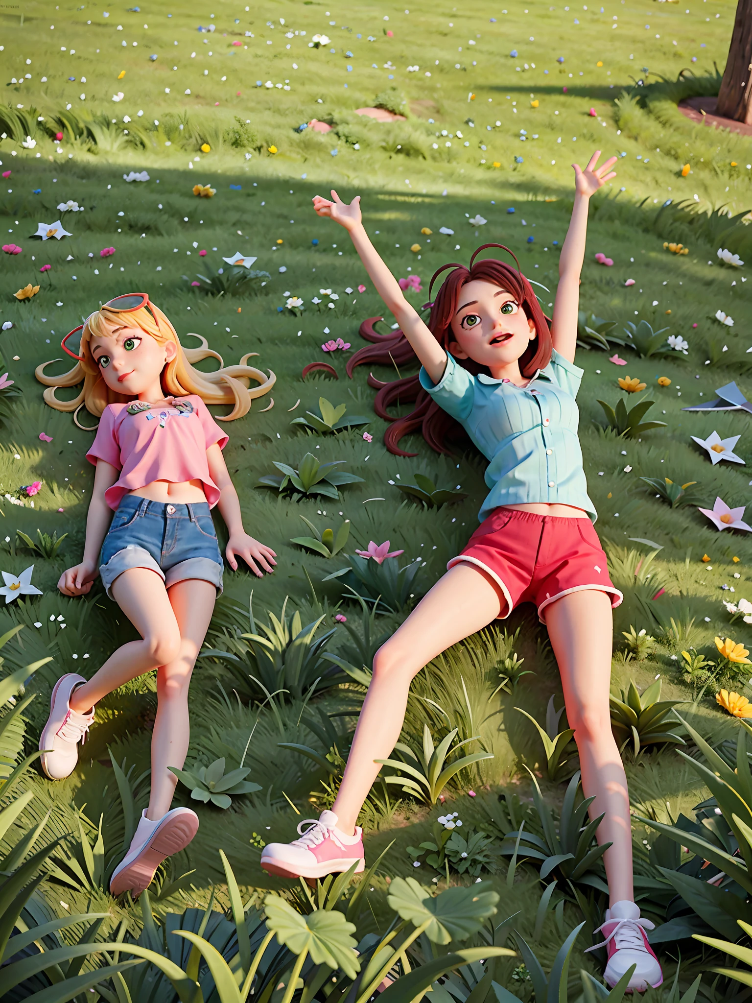 Two girls lying on the grass with their arms raised, girls resting, lying on the grass, lying on their backs, modeling for sweet and gabanna, having fun in the sun, , lying on the grass, music video, posing like a falling model, having a good time, holiday season, on a sunny day, 😭 🤮 💕 🎀 lying on the ground
