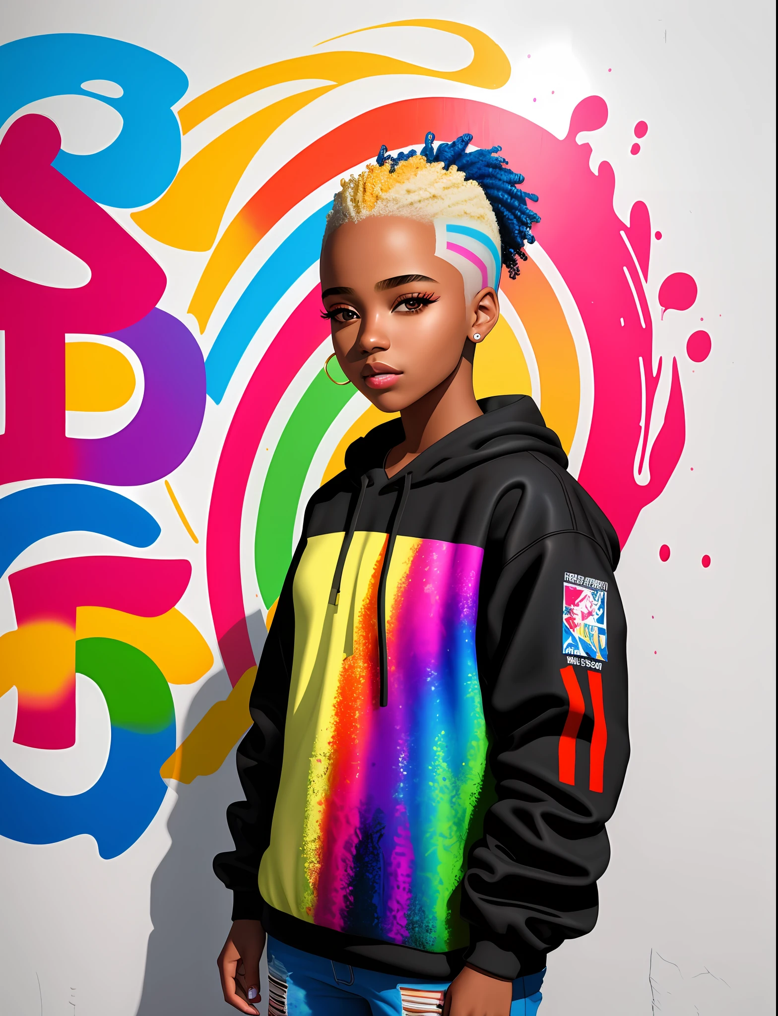 Graffiti painting, street art, 16k extremely detailed CG unit wallpaper, 16k landscape, artwork, masterpiece, best quality, amazing light brushstrokes, of a 16 year old African American girl with platinum hair in graffiti style on a white wall with vibrant colors.