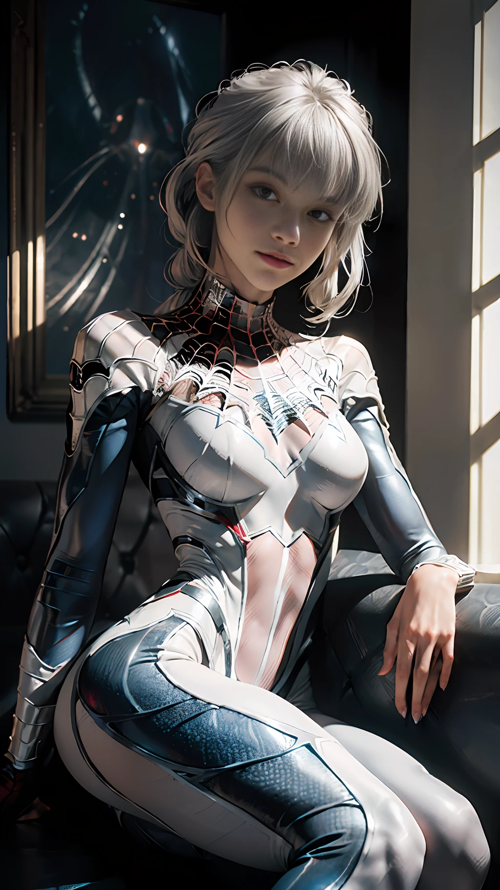 (Extreme Detail CG Unity 8K wallpaper, masterpiece, highest quality), (Exquisite lighting and shadow, highly dramatic picture, Cinematic lens effect), a girl in a white Spider-Man costume, silver gray hair color, from the Spider-Man parallel universe, Wenger, Marvel, Spider-Man, sitting on the couch, dynamic pose), (excellent detail, excellent lighting, wide angle), (excellent rendering, enough to stand out in its class), focus on white Spider-Man costumes, complex spider textures