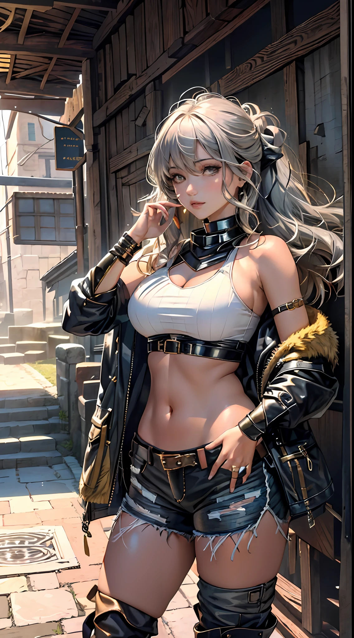 (Masterpiece, Best Quality, Details Shiny Skin: 1.2), Flawless, 8k, RAW, High Resolution, (1 Girl: 1.3), Realistic Textures, Torn Clothes, Ragged Clothes, Ultra Shorts, Soft and Saggy Breasts, Bare Shoulders, Belly Button, Areola, Gray Hair, Long Hair, Straight Hair, Wavy Updo, Olive Skin, High Quality Face, Narrow Space, Dungeon, Injuries, Chair