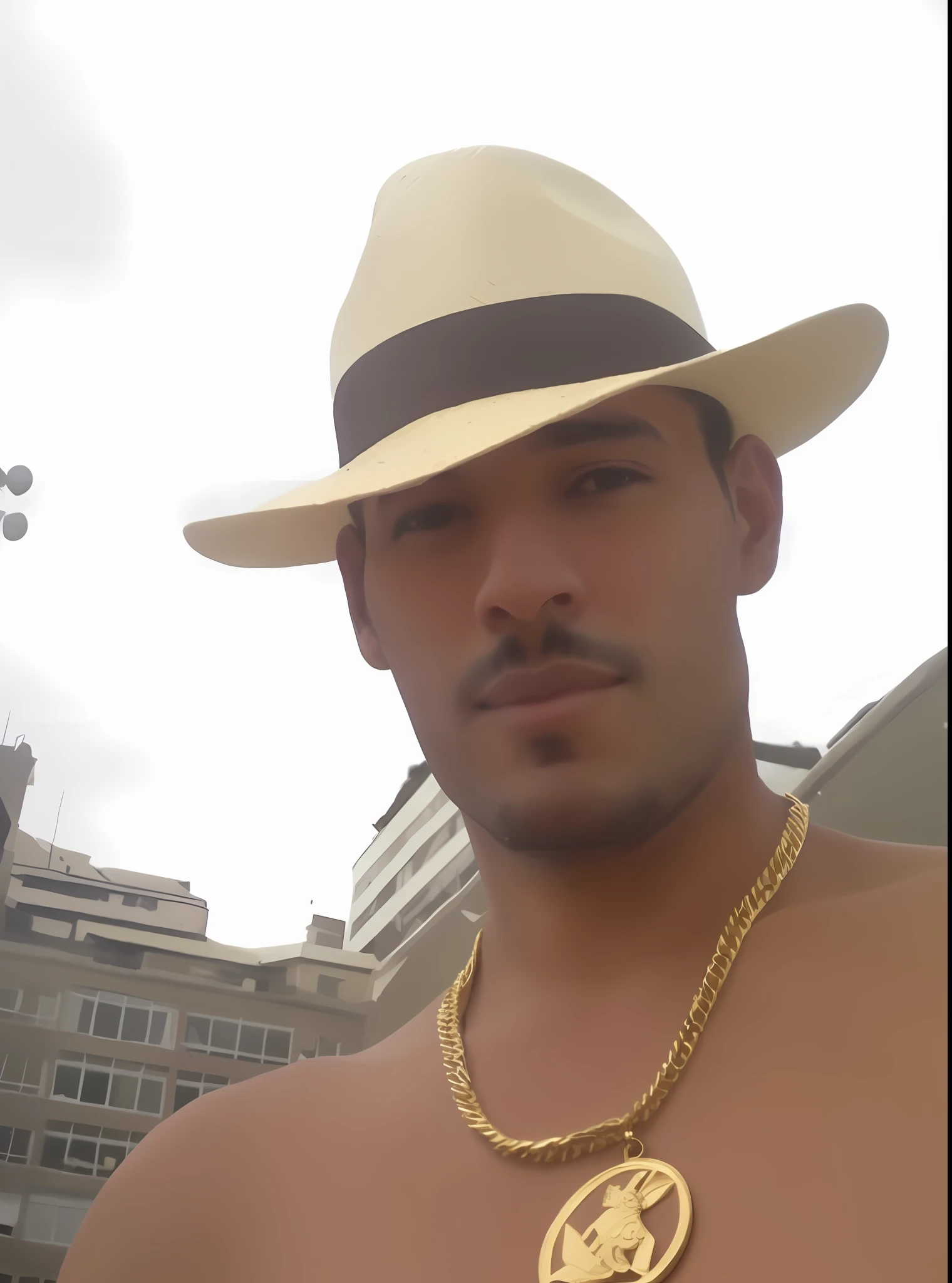 araffe man wearing a hat and a gold necklace,