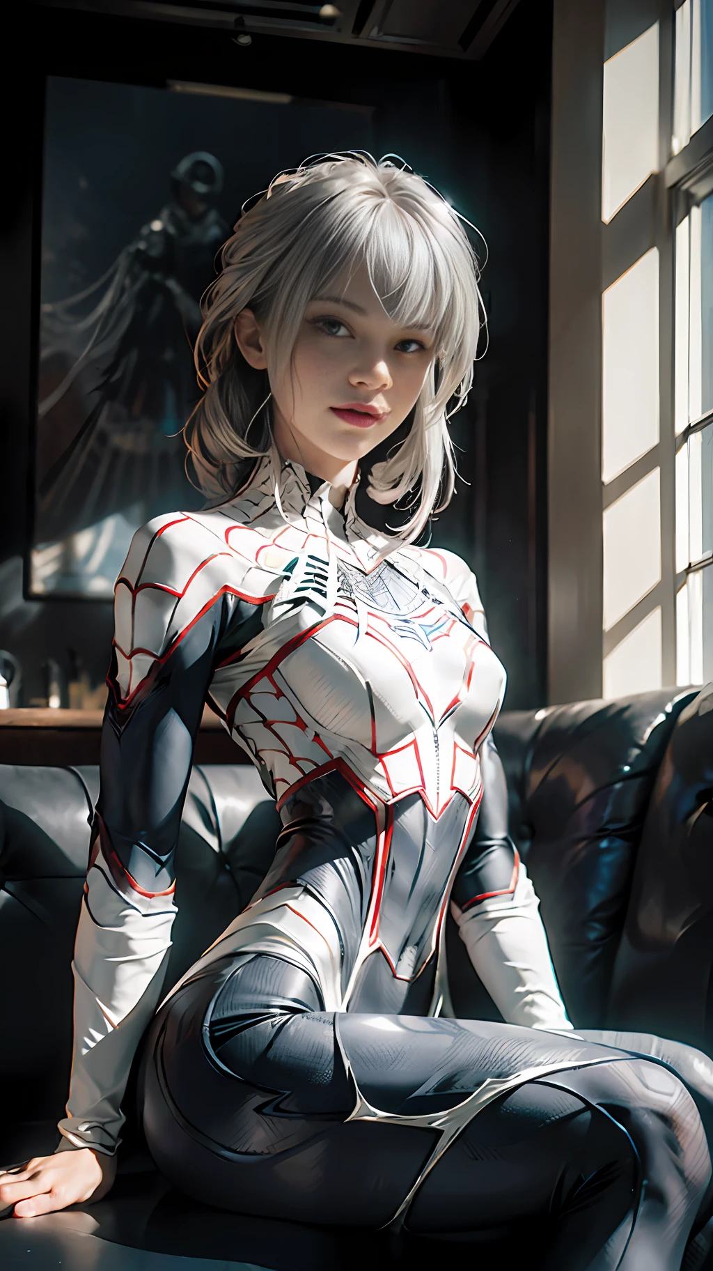 (Extreme Detail CG Unity 8K wallpaper, masterpiece, highest quality), (Exquisite lighting and shadow, highly dramatic picture, Cinematic lens effect), a girl in a white Spider-Man costume, silver gray hair color, from the Spider-Man parallel universe, Wenger, Marvel, Spider-Man, sitting on the couch, dynamic pose), (excellent detail, excellent lighting, wide angle), (excellent rendering, enough to stand out in its class), focus on white Spider-Man costumes, complex spider textures