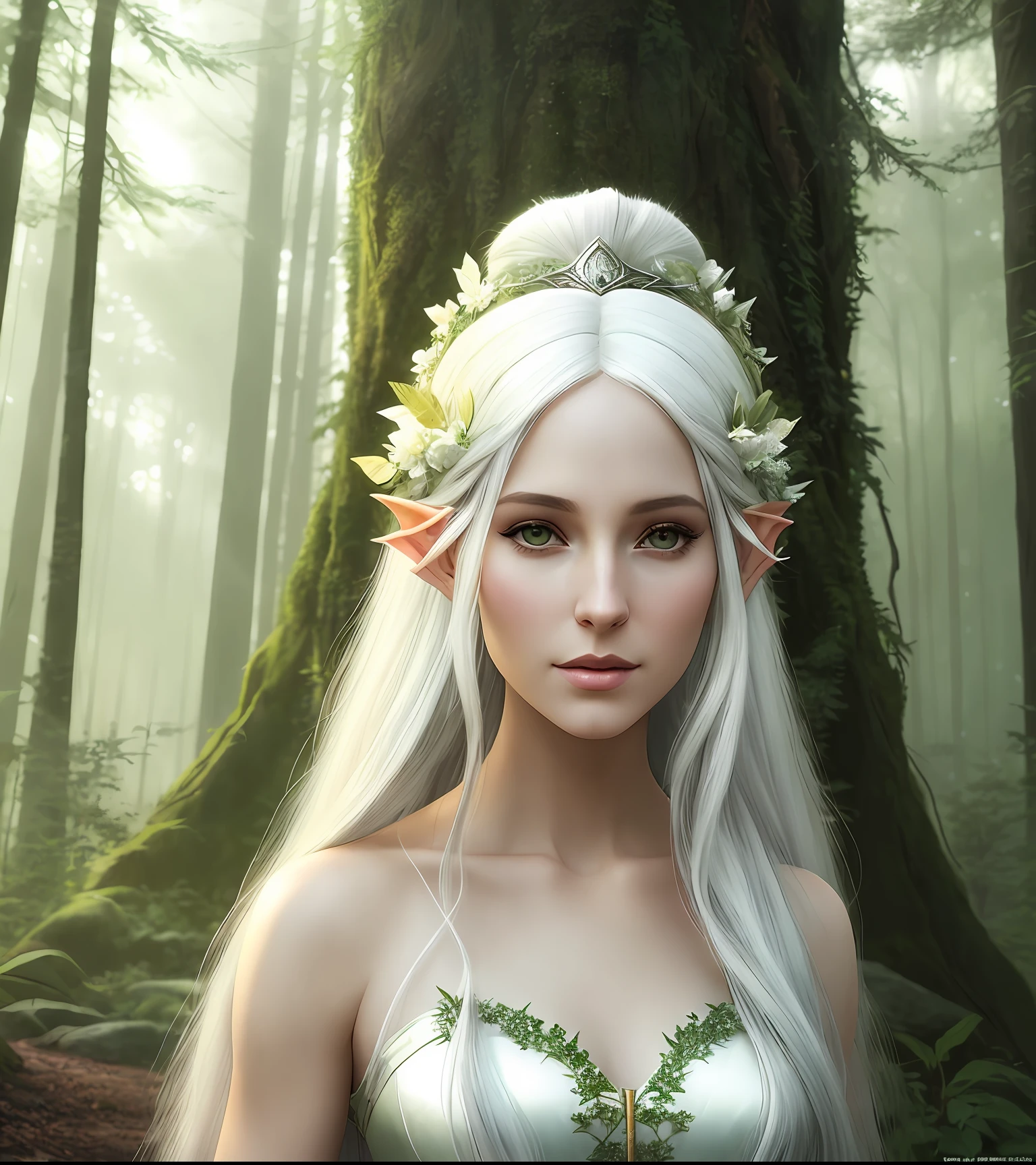 there is a woman with long white hair standing in a forest, a character portrait inspired by Magali Villeneuve, cgsociety contest winner, fantasy art, beautiful and elegant female elf, beautiful elven princess, elven princess, beautiful and elegant elf queen, elfic priestess, beautiful fantasy maiden, portrait of an elf queen, beautiful fantasy art portrait