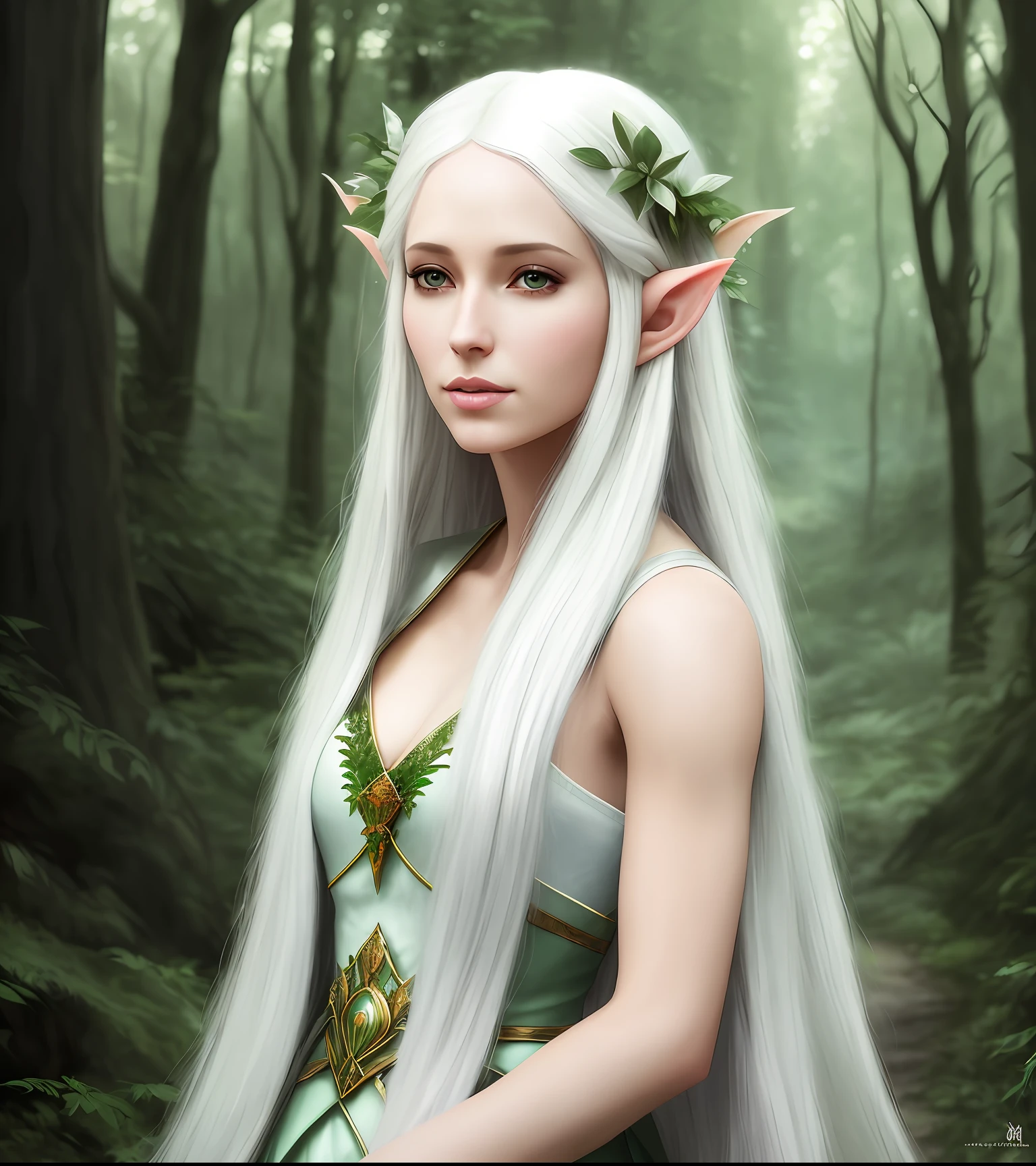 there is a woman with long white hair standing in a forest, a character portrait inspired by Magali Villeneuve, cgsociety contest winner, fantasy art, beautiful and elegant female elf, beautiful elven princess, elven princess, beautiful and elegant elf queen, elfic priestess, beautiful fantasy maiden, portrait of an elf queen, beautiful fantasy art portrait