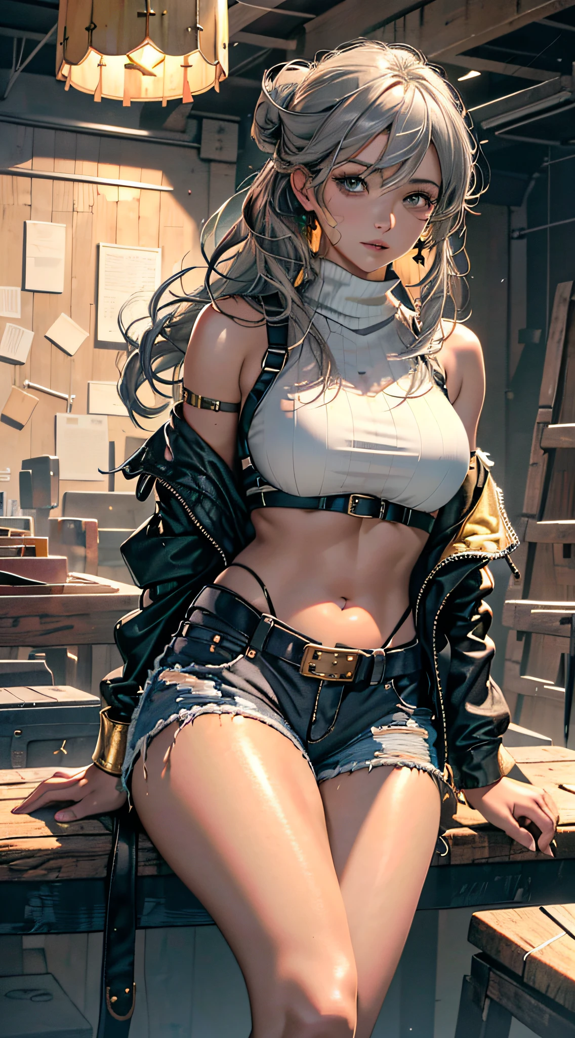(Masterpiece, Best Quality, Details Shiny Skin: 1.2), Flawless, 8k, RAW, High Resolution, (1 Girl: 1.3), Realistic Textures, Torn Clothes, Ragged Clothes, Ultra Shorts, Soft and Saggy Breasts, Bare Shoulders, Belly Button, Areola, Gray Hair, Long Hair, Straight Hair, Wavy Updo, Olive Skin, High Quality Face, Narrow Space, Dungeon, Injuries, Chair