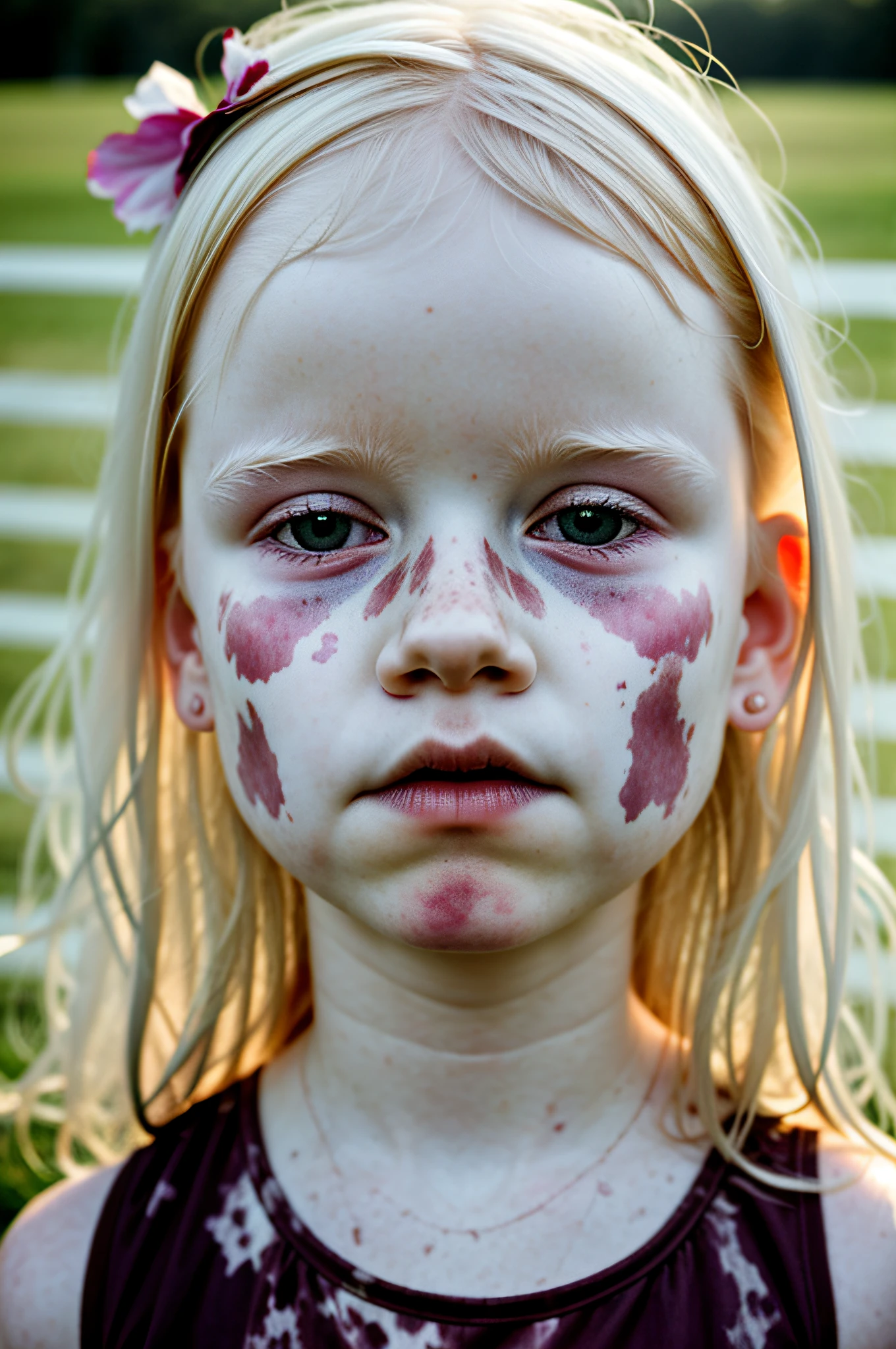 irish albino girl, texas, emotive, slaughterhouse, cattle, rosy, americana, closeup, drenched in sunlight and shadows pattern, morning dew, haze, nostalgia, style of sally mann in color