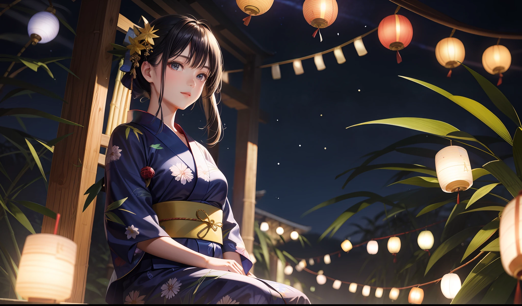 Beauty, 25 years old, countryside, yukata, night, starry sky, ((Tanabata), bamboo leaves, strips, Tanabata ornament,)),