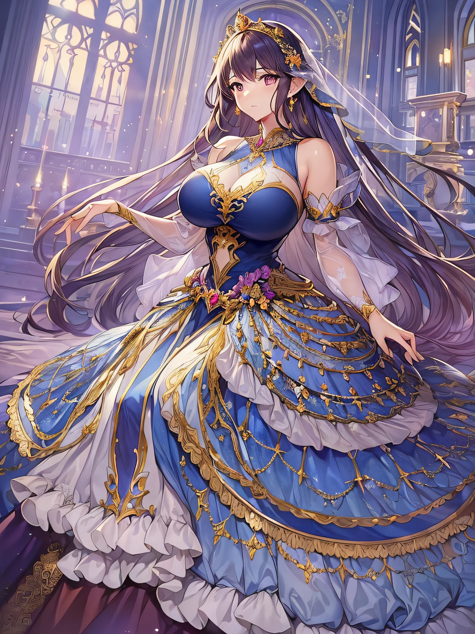 ((anime moe artstyle)),((Masterpiece)), (Best Quality), (Super Detail),Illustration,(((Very Delicate and Beautiful))),Dynamic Angle,Looking at viewer,(((Solo))),((Full body)),(((1 princess in gorgeous ball gown))),(Very Long Hair),(gigantic breasts,Huge breasts,Bulging breasts,Long breasts),voluminous ball gown,