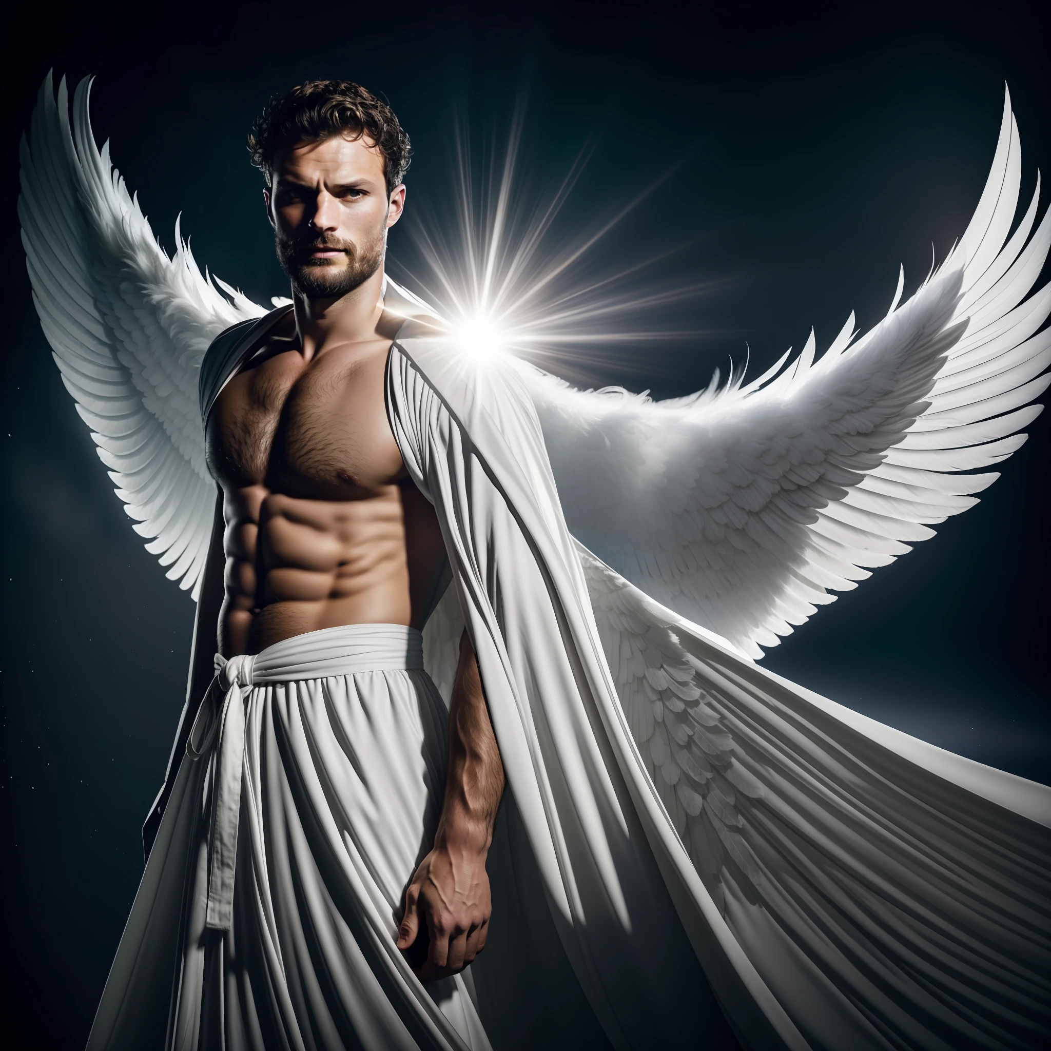 Man with large wings of white feathers on the back, praying, large wings, Jamie Dornan, eyes of light, wearing short black beard, wearing Golden Crown, focus on the details of the face, coming out happy rays, serious and attractive man, wearing white robe, magical and real effect, movie cover, with magical light explosions, powerful celestial warrior, similar to actor Jamie Dornan, Dark black image background, (8k, RAW photo, best quality, masterpiece: 1.2), (realistic, photorealistic: 1.37), professional lighting.