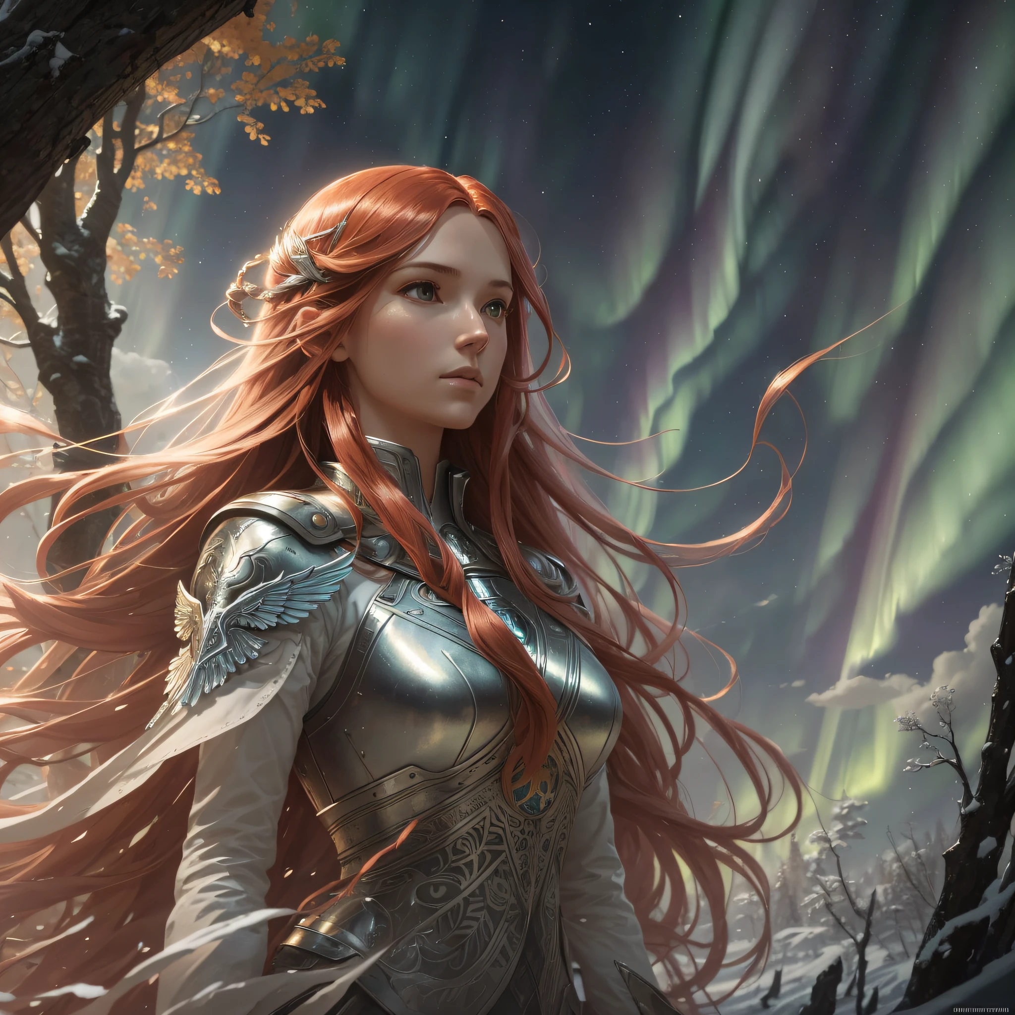 (atmosphere with light and a tree behind)+ 8k aurora portrait, girl with super long hair, super long very light red hair, in battle clothes, with giant silver wings on the back, intricate, highly detailed, digital painting, smooth, sharp focus, illustration, unreal engine 5, 8 k, art by Artgerm and Greg Rutkowski and Alphonse Mucha