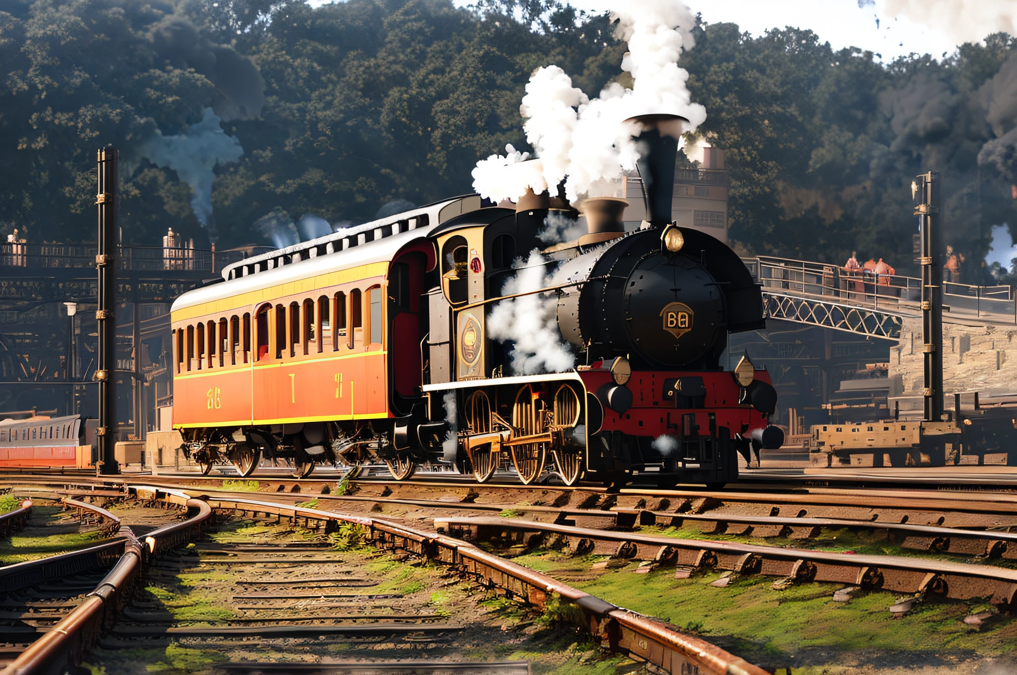there is a train that is on the tracks with smoke coming out of it, steam trains, steam train, dust and steam, white steam on the side, steam engine, steam and smoke, golden engines, brass and steam technology, trains in the background, welding, train, spectacular quality, trains, industrial steam, matte painting of steamcity steam engines, steampunk, beautiful, , concept art, drawing, fantasy, 4K, UHD, high quality, Trending on Artstation HQ, 8k uhd, studio quality, ultra realistic, maximum detail, massive scale, post-processing, realistic, photorealism, photoshop, photography, raytracing, octane render
