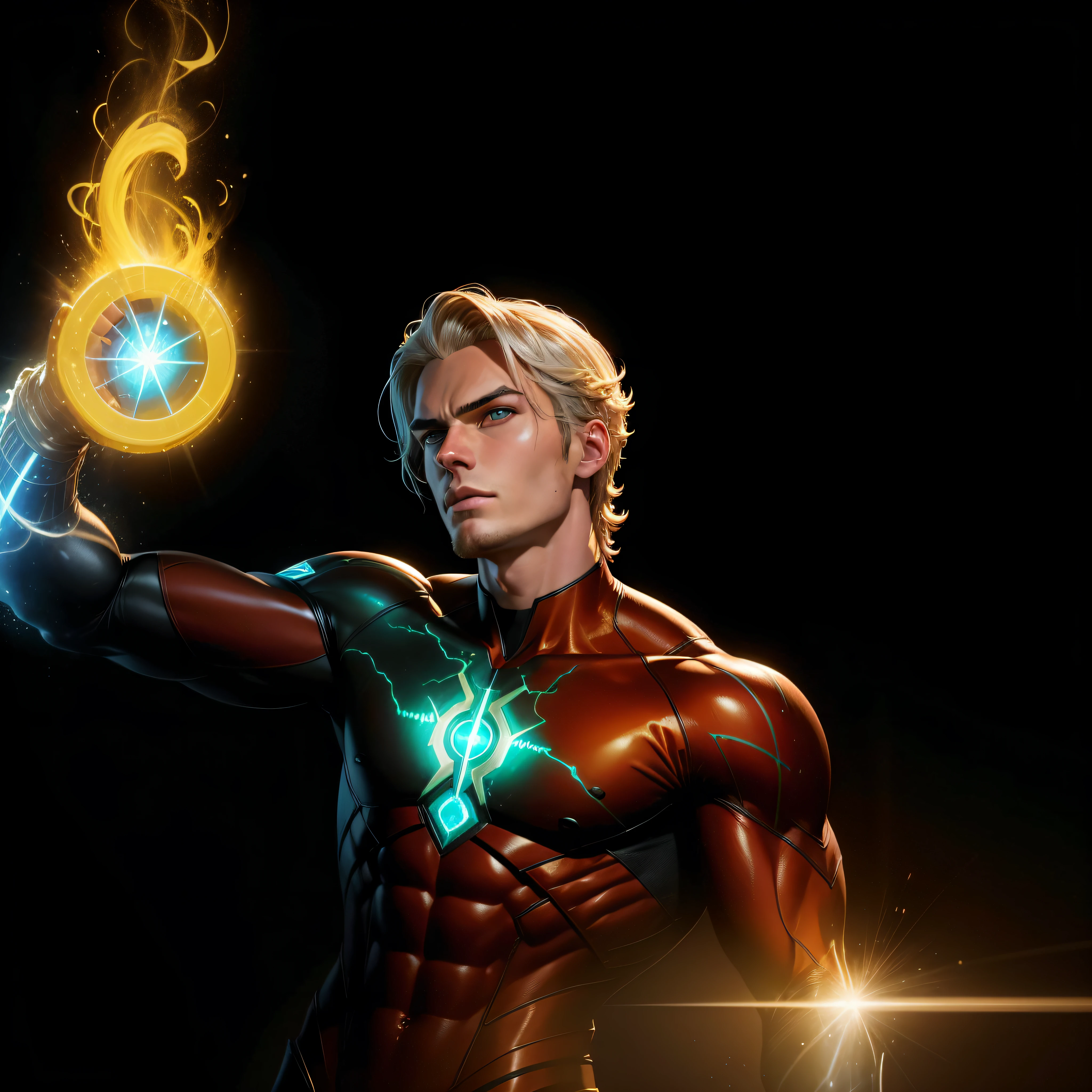 Arafed young man with long blonde hair 21 years old without a beard in a graphite or black wetsuit with bright orange veins like yellow led, Boys Homelander, no beard, smooth skin, Quicksilver, 3D render of Jerma 9 8 5, homelander, full portrait of Electromancer, orange yellowish human torch, light background, Reed Richards, Aquaman, amazing wallpaper, powerful male man, he man, on the wall there is the name SPINNER written with neon --auto --s2