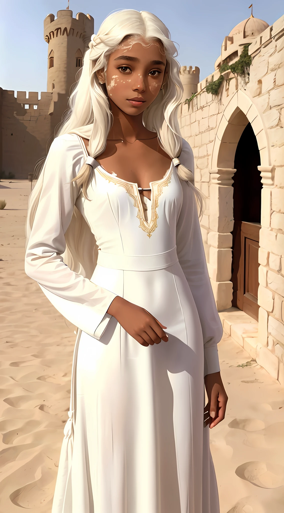 Girl, (((solo))), (18 years old, thin and tall, brown skin with vitiligo: 1.3, long white hair, small breasts, Arabian features), (wears a long white dress covering her whole body, with long sleeves), she is in a castle in the desert