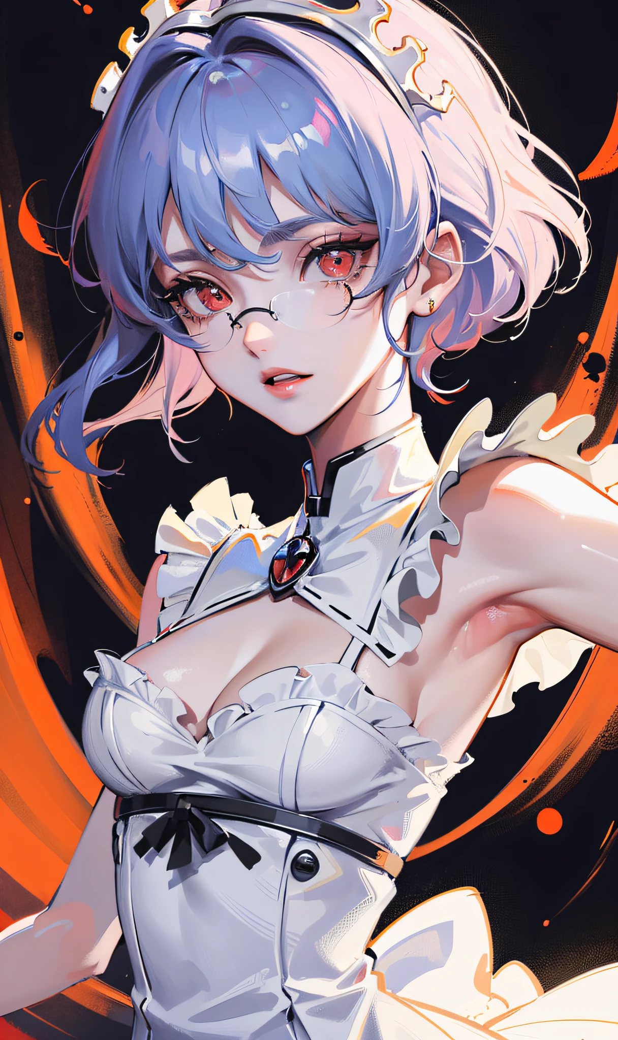 ((masterpiece, best quality, high resolution, superb solo, very detailed wallpaper, (26-year-old European royal sister: 1.4), Rei Ayanami (Evangelion), red eyes, glowing eyes, sparkling eyes, glint, eye reflection, pretty eyes, eye reflex, shyness, big nose, {cowboy shot|upper body close-up}, Stereoscopic facial features, no background, posing, {front lens|side lenses})),