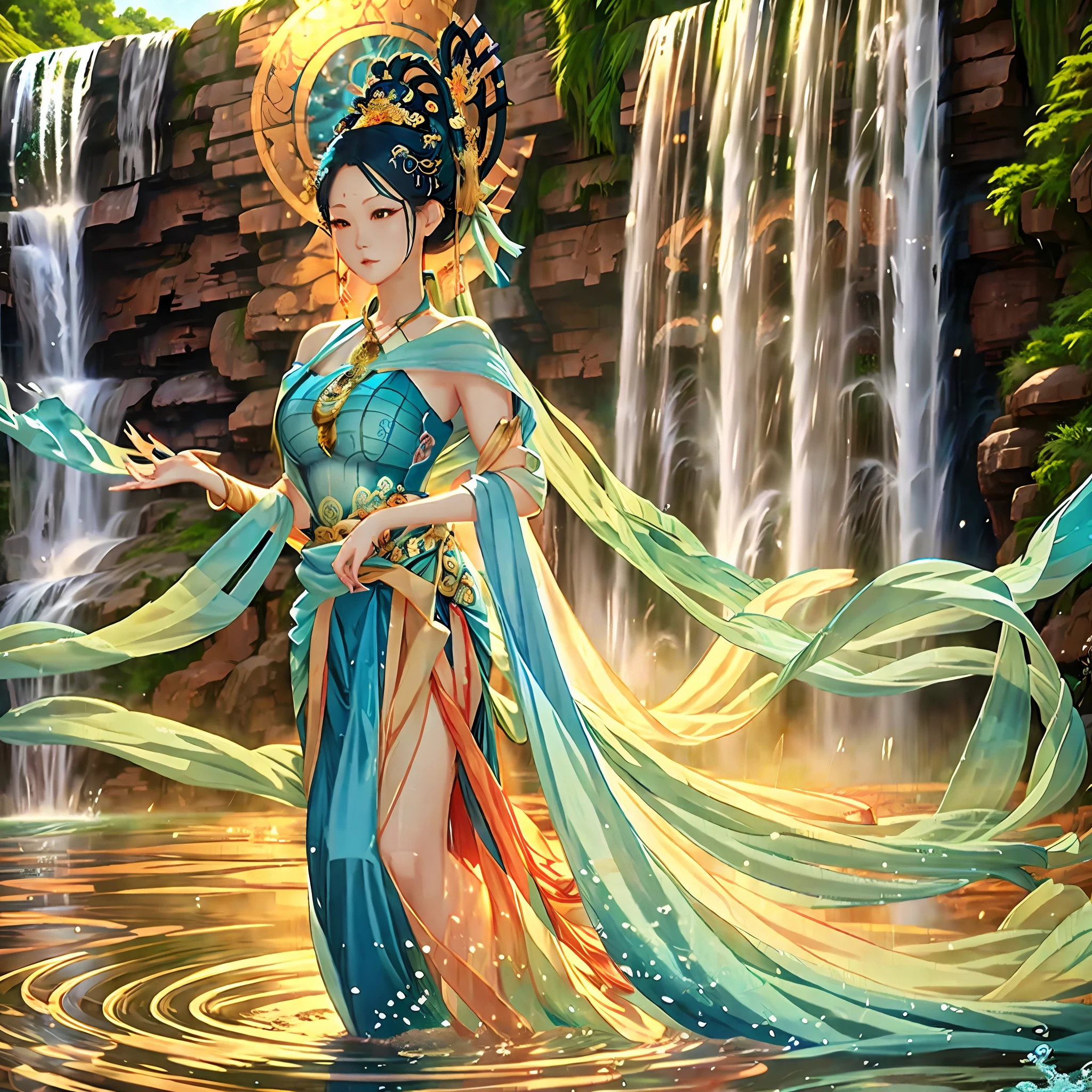 Girl standing in blue dress in water with waterfall in background, wallpaper anime blue water, Limuru storm, girl walking on water, 4 k, trend in art station pixiv, goddess, water element, beautiful artwork, asian woman water element, limlu, hd art, art wallpaper 4k