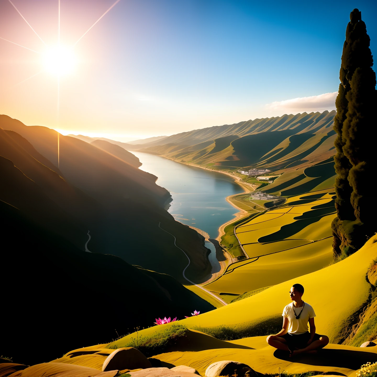 Being of towering giant light in a valley near the sea in lotus position