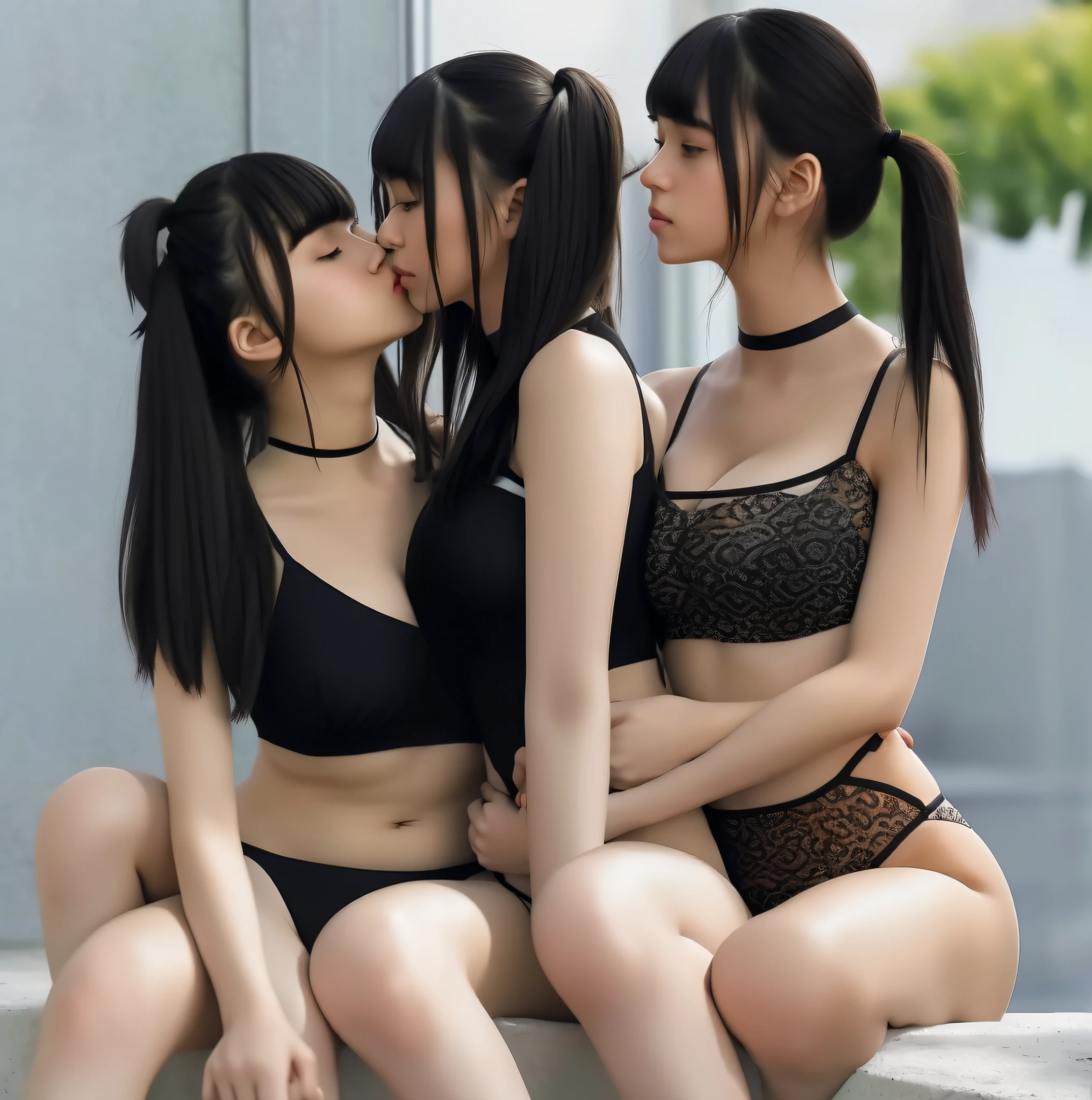 masterpiece, top quality, full body, bangs, black choker, 2girls, lily, lesbian kiss, kiss, (black hair), long hair, twin tails, hug, cleavage, rich breasts, high legs, swimsuit, bikini, slim, see-through,