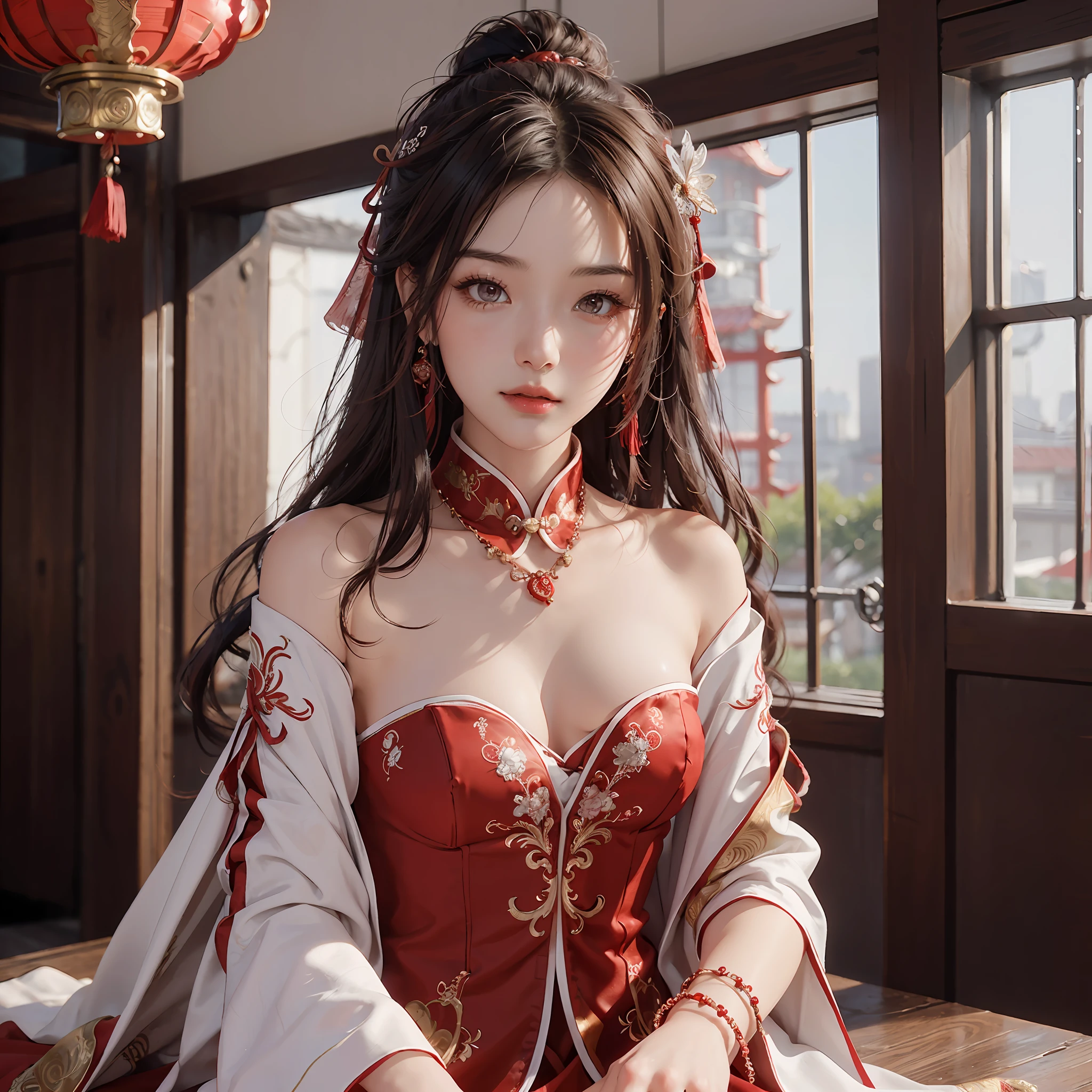 (A Chinese bride), (wearing a gorgeous Chinese red wedding dress), (Chinese style elements: 1.4), (shy, tender, beautiful face, fair skin, bright eyes, elegant eyebrows, happiness and expectation, rosy lip color, soft face), (red clothing: 1.4), (wearing delicate jewelry, rings, necklaces)), clothes embroidered with phoenix motifs, (embroidery), full body red robe, purity, romance, (body curves), pleated decoration, (cinematic quality), (Best quality: 1.2), (Realism: 1.4), (Indoor), Photoquality, ((Octane rendering)), Close-up, Photographic lighting, (Red theme: 1.4),