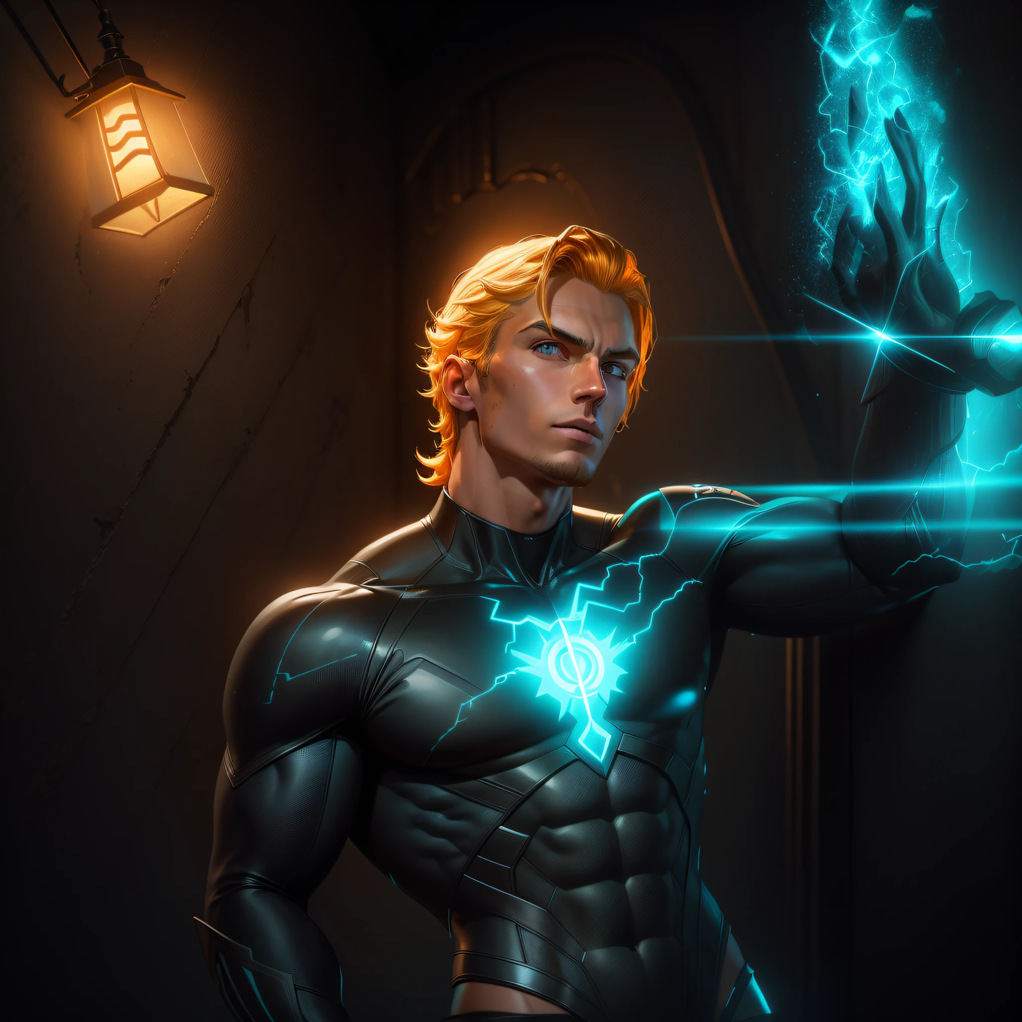 Arafed young man with long blonde hair 21 years old without a beard in a graphite or black wetsuit with bright orange veins like yellow led, Boys Homelander, no beard, smooth skin, Quicksilver, 3D render of Jerma 9 8 5, homelander, full portrait of Electromancer, orange yellowish human torch, light background, Reed Richards, Aquaman, amazing wallpaper, powerful male man, he man, on the wall there is the name SPINNER written with neon --auto --s2