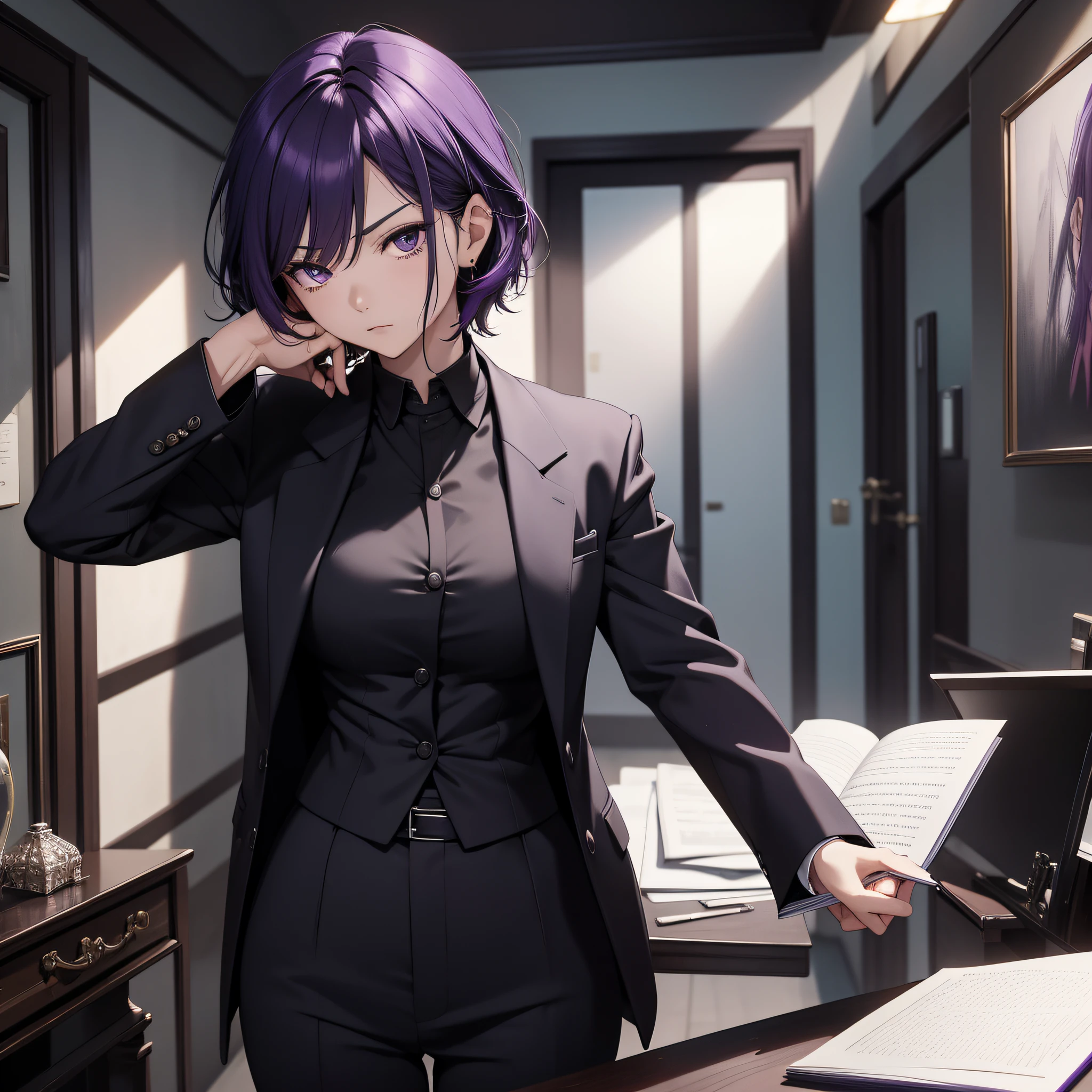 Absurd resolution, high resolution, (masterpiece: 1.4), hyper-detail, Asian, middle-aged short purple hair, black suit, eerie room, looking at the note, expression serious and scared