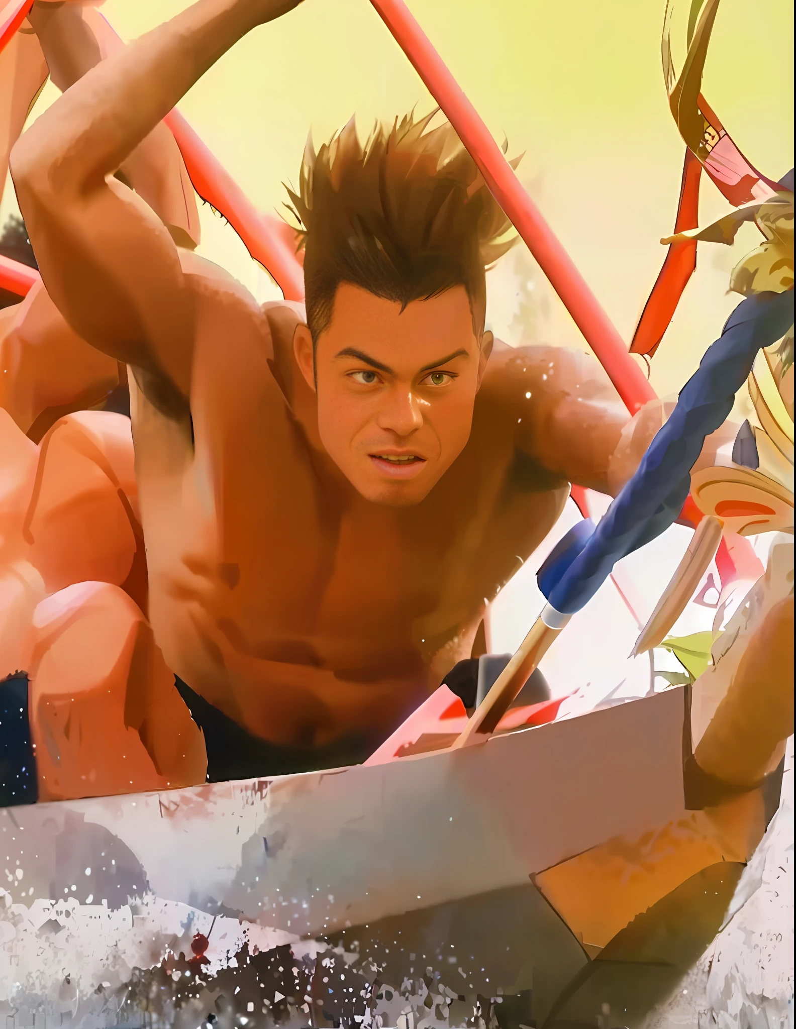 Sunset, shirtless, clear muscles, clear light and shadow, Makoto Shinkai Cyril Rolando, Makoto Shinkai. Digital rendering, Rob Rey and Kennaro Miura style, Sun-Hyuk Kim, inspired by RHADS, concept art |