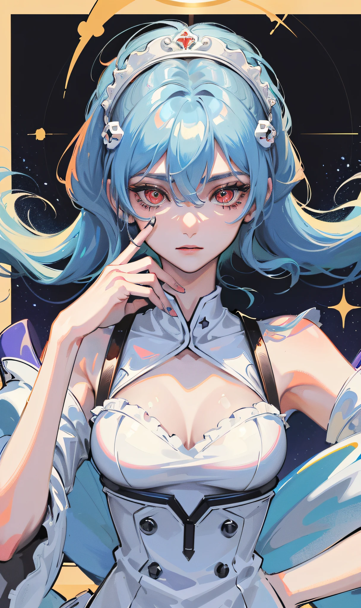 ((masterpiece, best quality, high resolution, superb solo, very detailed wallpaper, (26-year-old European royal sister: 1.4), Rei Ayanami (Evangelion), red eyes, glowing eyes, sparkling eyes, glint, eye reflection, pretty eyes, eye reflex, shyness, big nose, {cowboy shot|upper body close-up}, Stereoscopic facial features, no background, posing, {front lens|side lenses})),