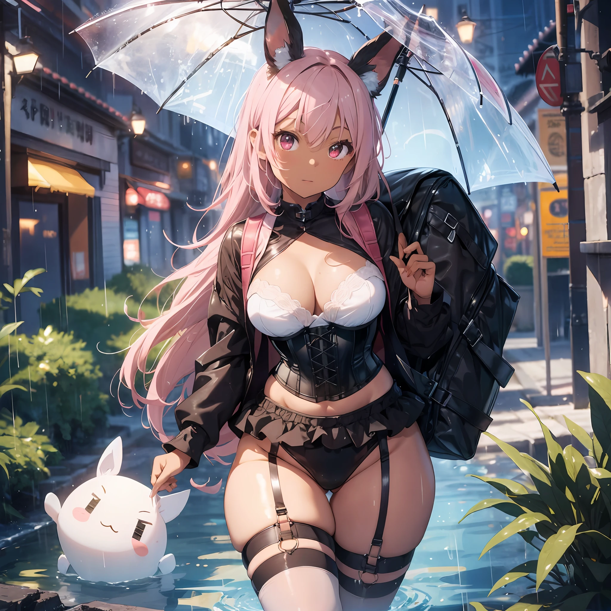 Lots of umbrellas in both hands, thick eyebrows, huge backpack, rain pattern, bikini and corset fusion, (dark skin: 1.3), brown skin, movie lighting, small, beautiful light pink hair, rabbit ears, (masterpiece), ((highest quality)), (super detailed), glossy skin, full body anime girl, clean and detailed anime face, high-resolution anime eyes, five fingers, textile shading, perfect human structure, perfect anatomy,