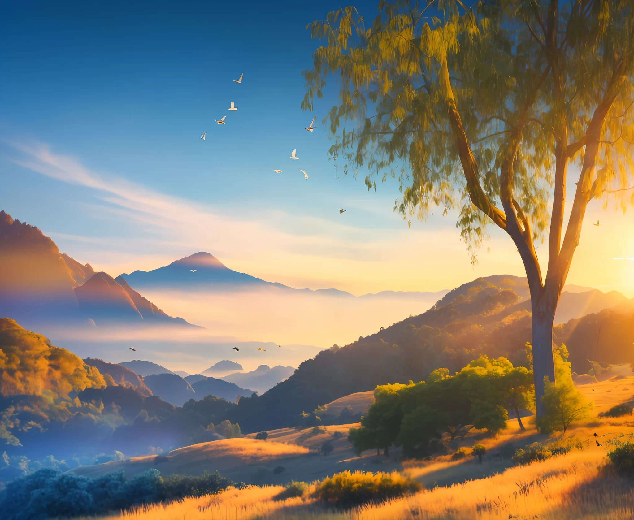A 4k screen with a sun coming out in the background, with some trees and some colorful birds in the trees