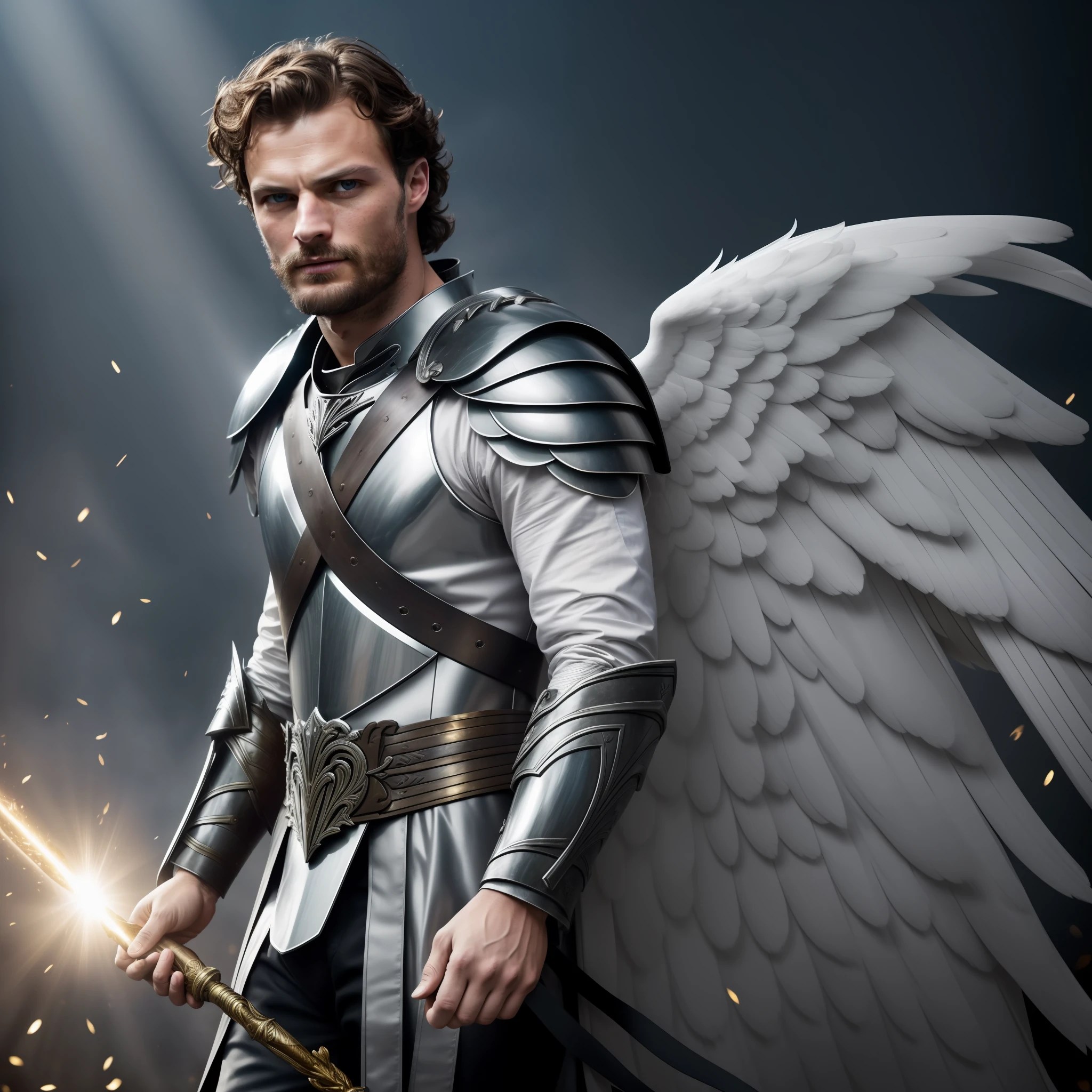Archangel with large wings of feathers bracas, large white wings, armor, Jamie Dornan, eyes of light, wearing short black beard, wearing Golden Crown, focus on the details of the face, coming out happy rays, serious and attractive man, wearing white tunic, magical and royal effect, movie cover, with magical light explosions, powerful celestial warrior, similar to actor Jamie Dornan, Dark black image background, (8k, RAW photo, best quality, masterpiece: 1.2), (realistic, photorealistic: 1.37), professional lighting.