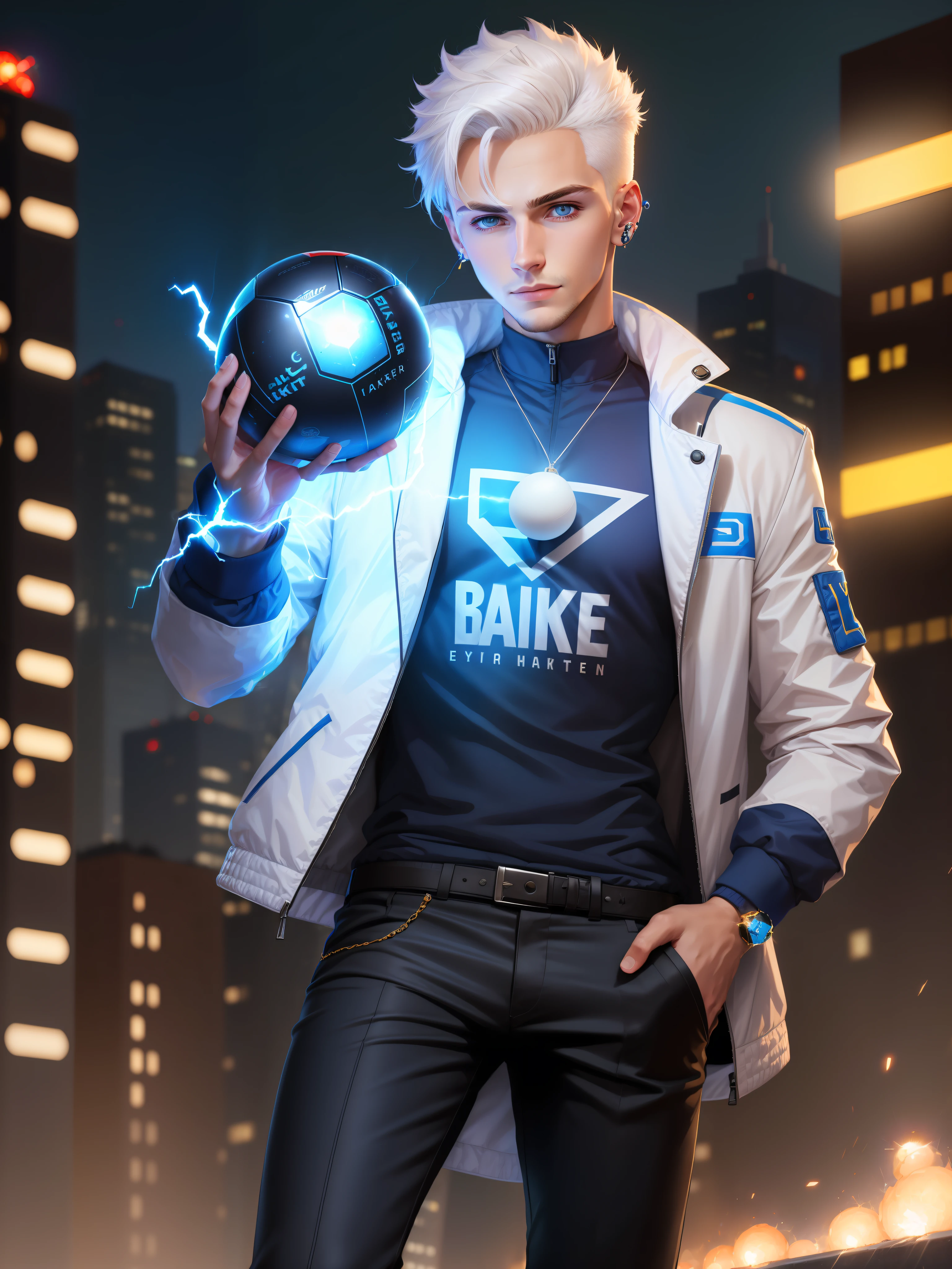 (((Young man with power ball in hand))), bright, spark, white hair, nike jacket, serious, 8k, realistic, moon, city, well detailed, full body, blue eyes, earring in ear, bright colors