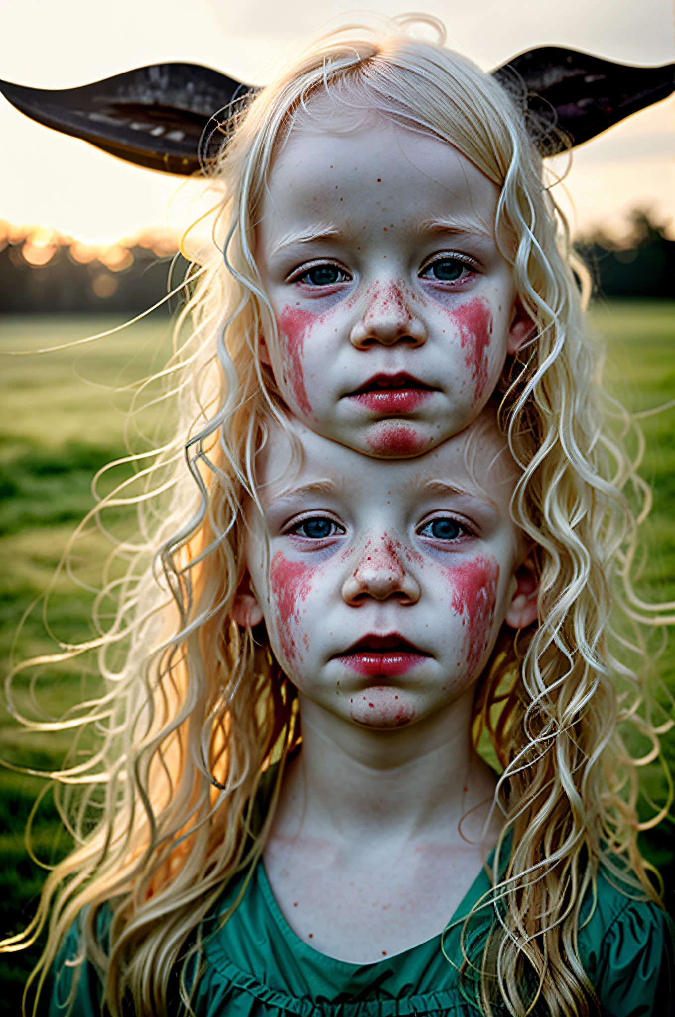 irish albino girl, texas, emotive, slaughterhouse, rainhood, glistening, cattle, rosy, americana, closeup, drenched in sunlight and shadows pattern, morning dew, haze, nostalgia, style of sally mann in color
