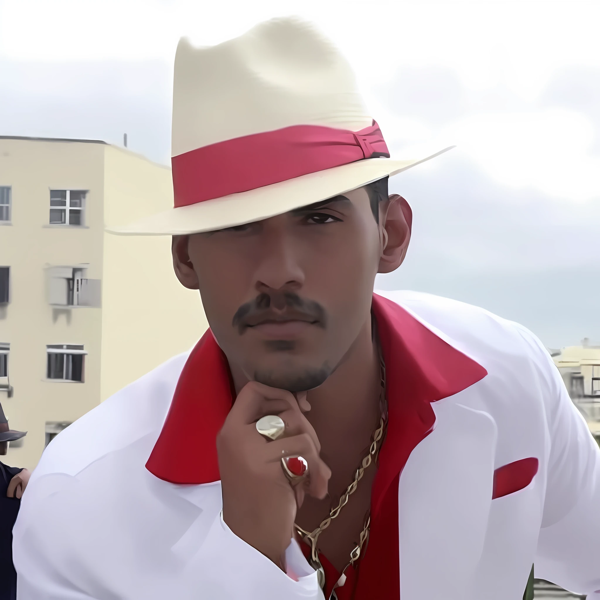 there is a man wearing a hat and a red shirt, jean deville, eloy morales, salustiano garcia cruz, heraldo ortega, victor maristane, joseph moncada, juan diaz canales, carmelo blandino, juan jose serrano, andres rios, luis melo, sakuga gunplay, zigor samaniego style, ivan bolivian