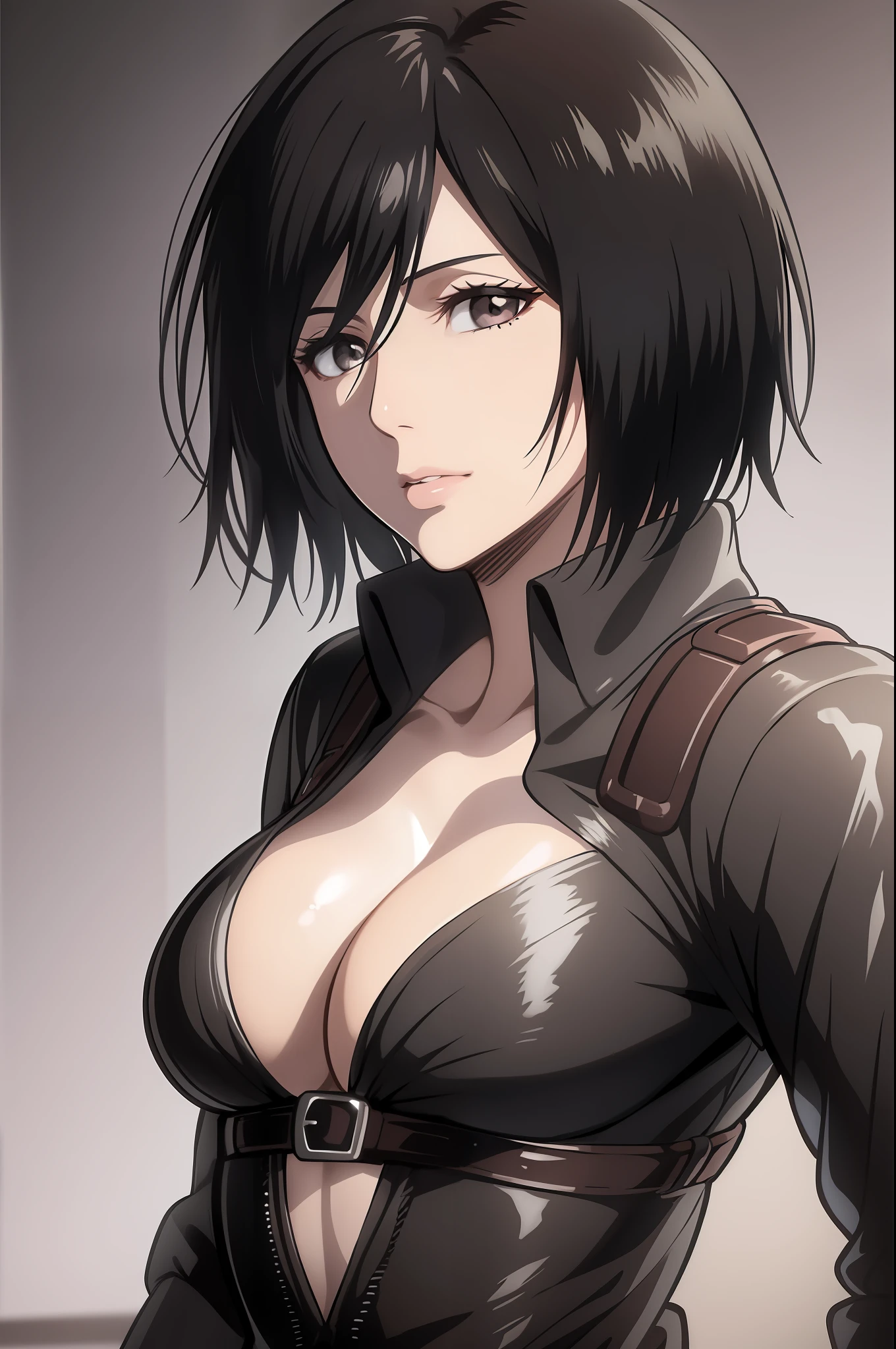 1girl, mikasa ackerman, (black hair:1.3), hair between eyes, short hair, sideburns, gray eyes, lips, cleavage, close up, solo, lips,, masterpiece, best quality,