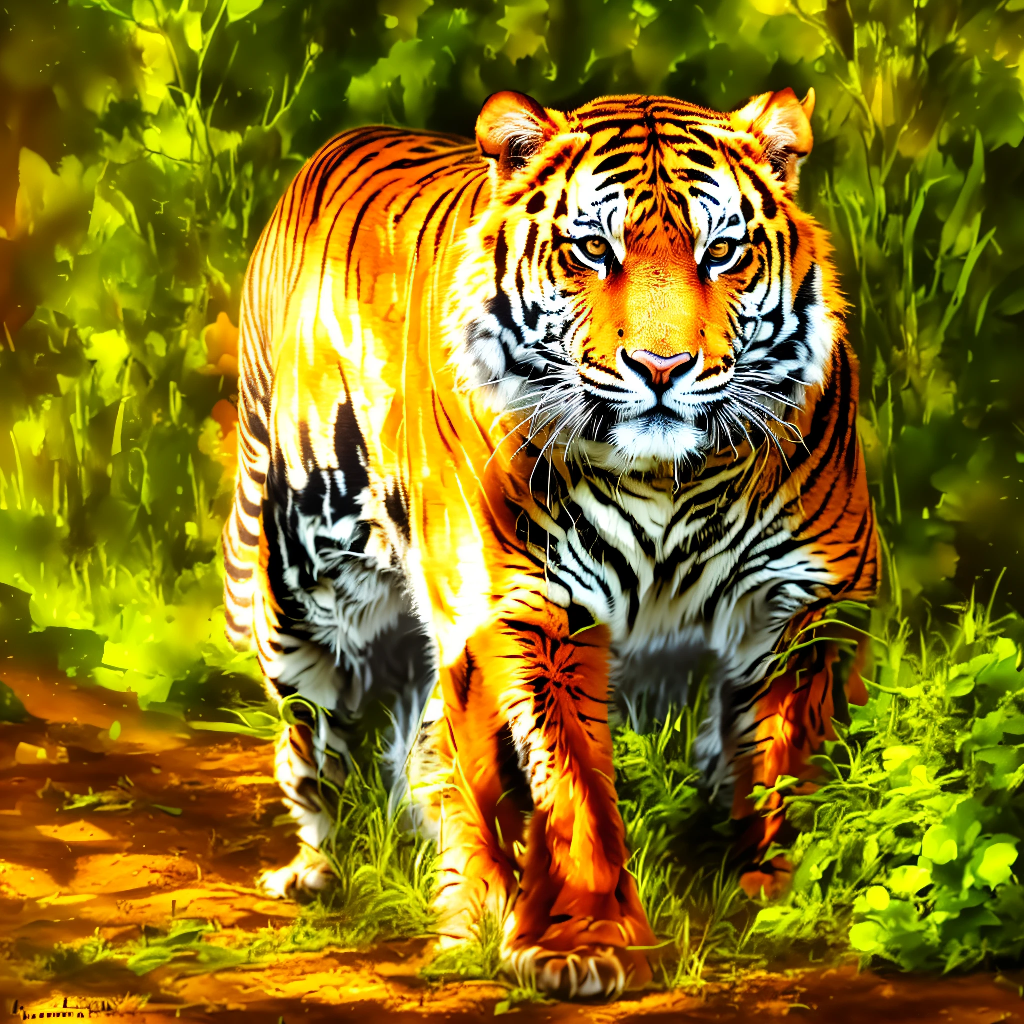 painting of a tiger walking in the wild with a tree in the background, tiger, by Li Kan, by Liang Kai, by Ji Sheng, by Howard Lyon, a tiger, by Andre de Krayewski, by Richard Mayhew, by Bob Eggleton, ((tiger)), by Sava Šumanović, by Grzegorz Rutkowski