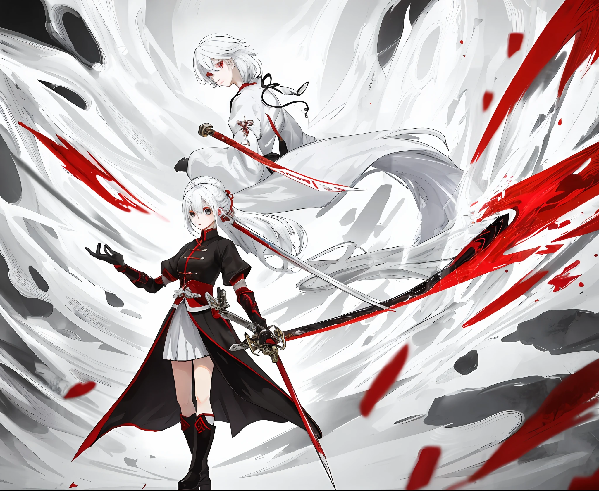 Chinese girl with sword, white hair, red cheongsam, black boots, glowing sword