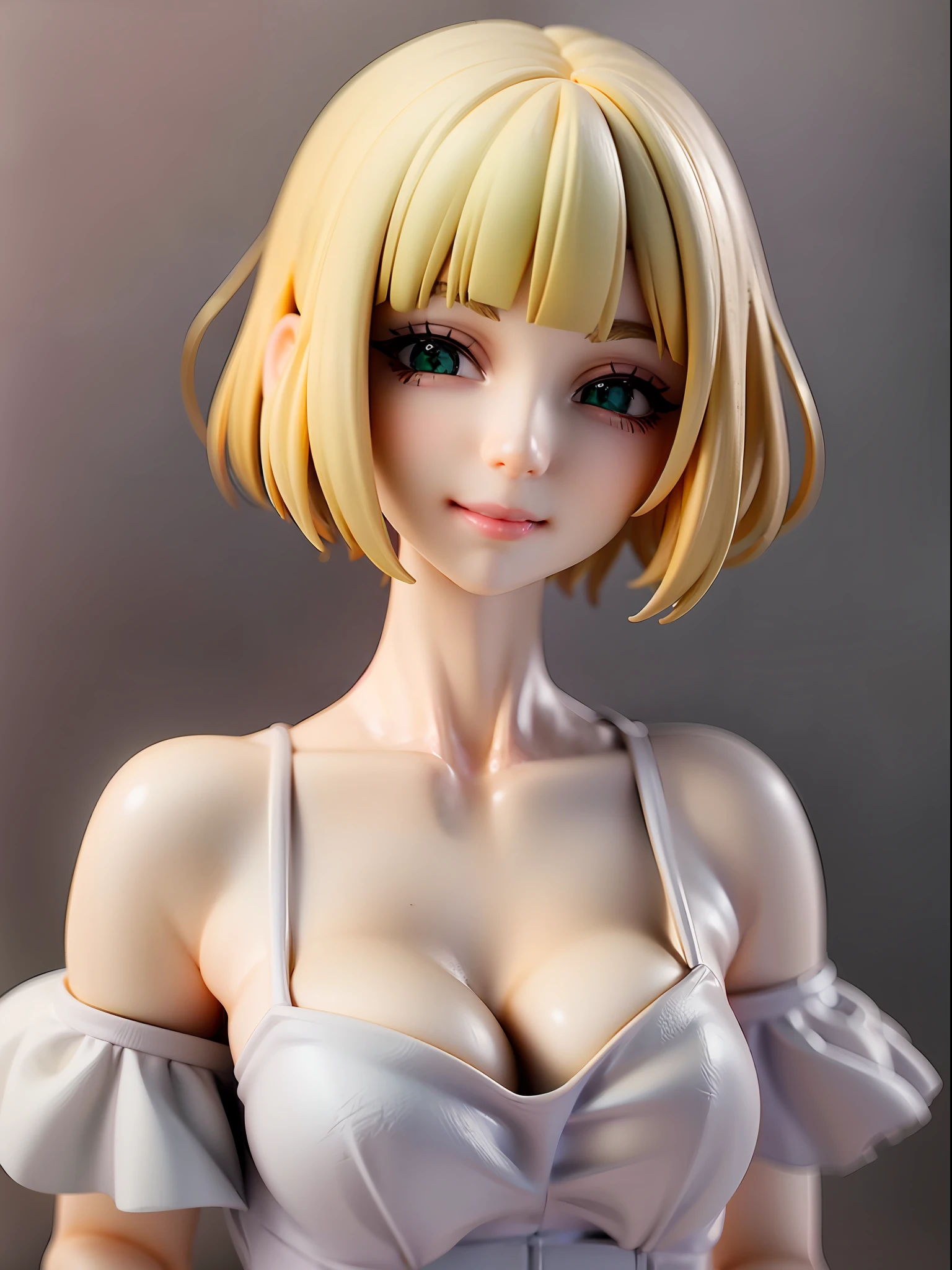 white dress, scattered vibrant hues like an artist's palette, short hair, bob cut, pale pink or golden hair, natural pose, background resonating a burst of pigments, beautiful eye, closed mouth, evil smile, female protagonist, young girl, bright green or emerald eyes, white one piece dress, light themed, mischievous expression, explosion of colors