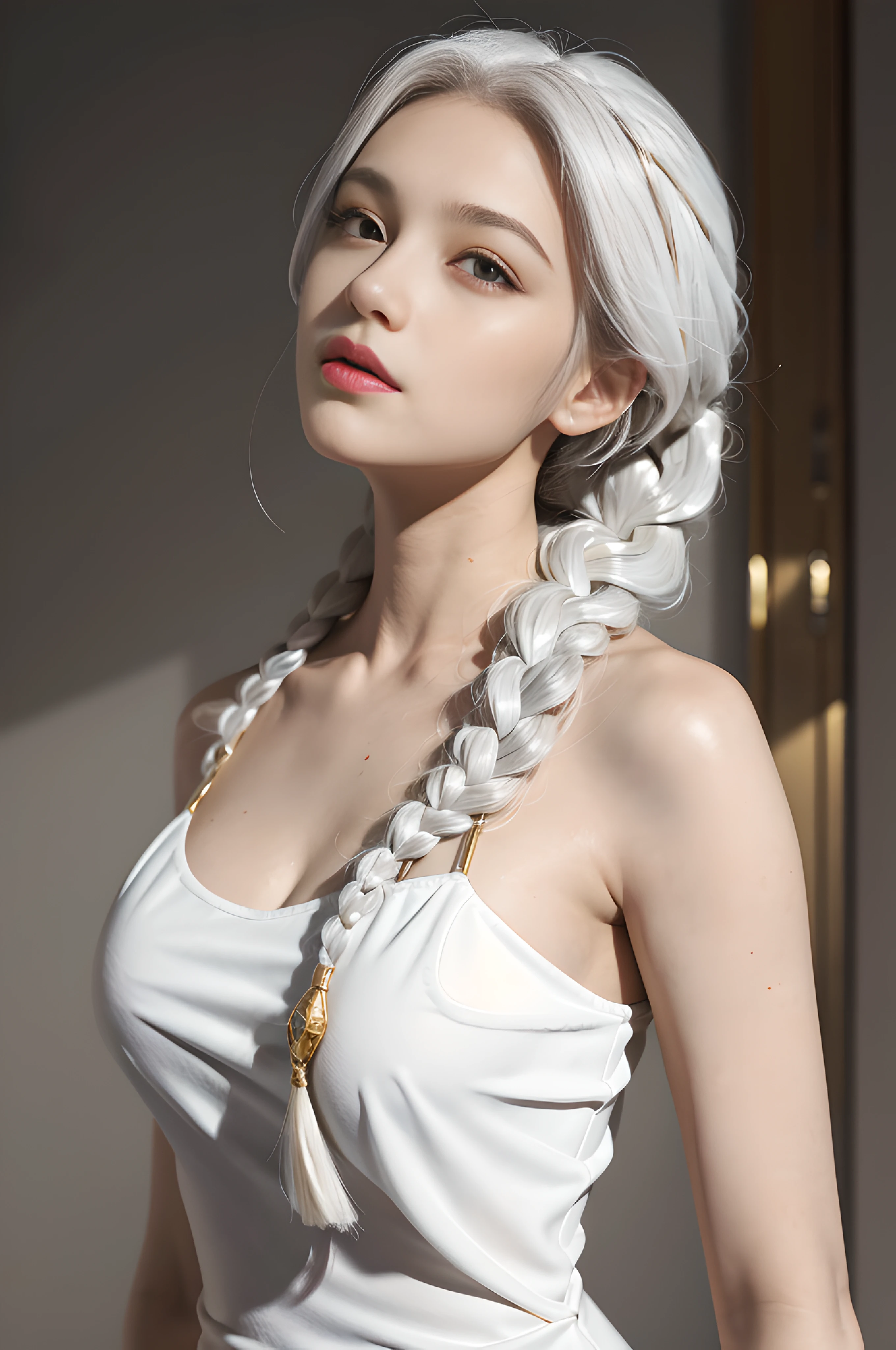 best quality, masterpiece,white hair, gold eyes,white clothes, looking up, upper body,hair strand,Fair skin,side braids
