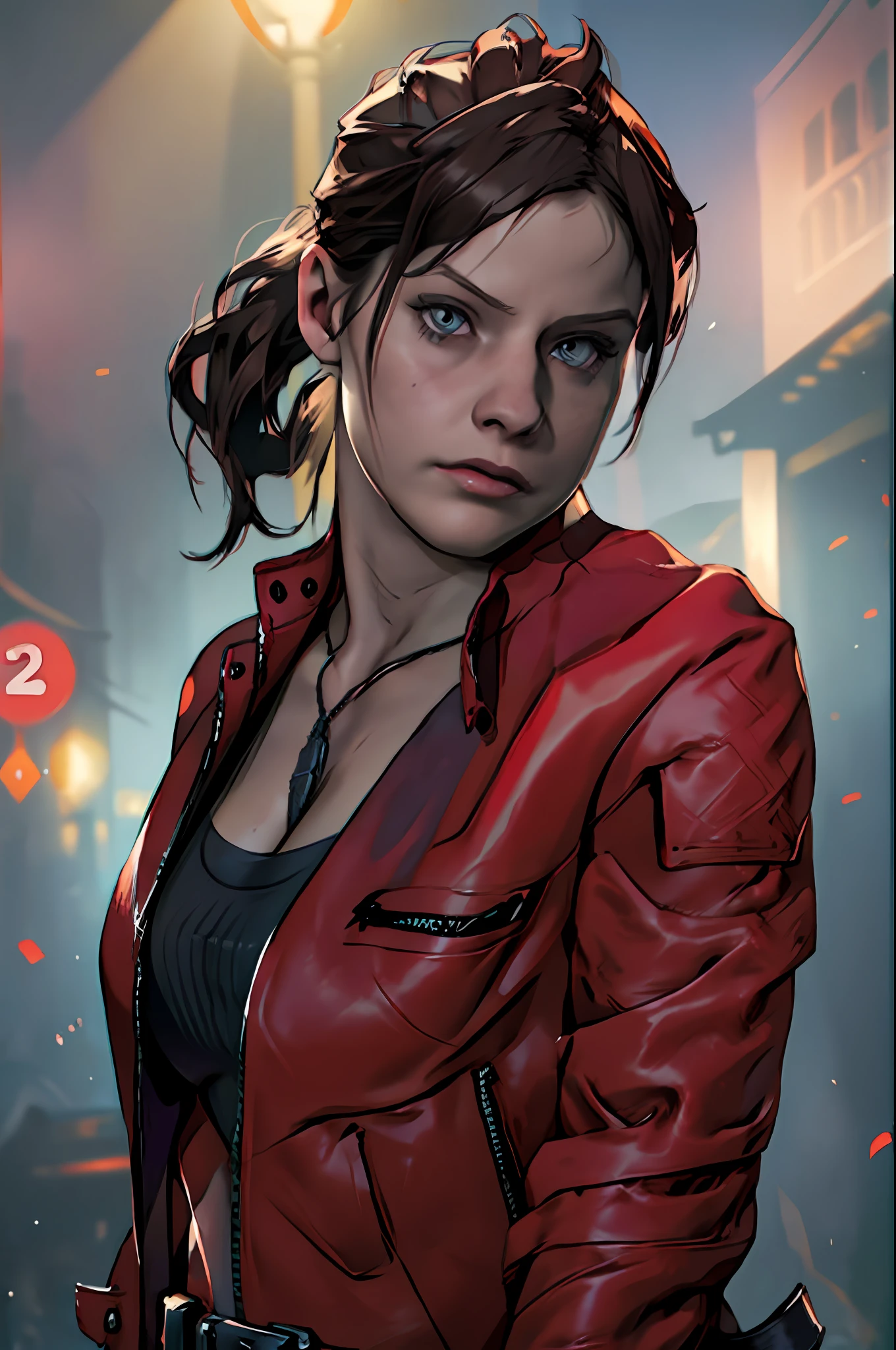 Claire redfield (Resident Evil 2), young face, best quality, masterpiece, wearing black tank top inside, bright red long sleeve leather jacket outside, pony tail hair tie, dark brown hair color, long hair, breast, dark streets in the background, night, dark atmosphere, depth of field, soft face, detailed face, high resolution:1.2,