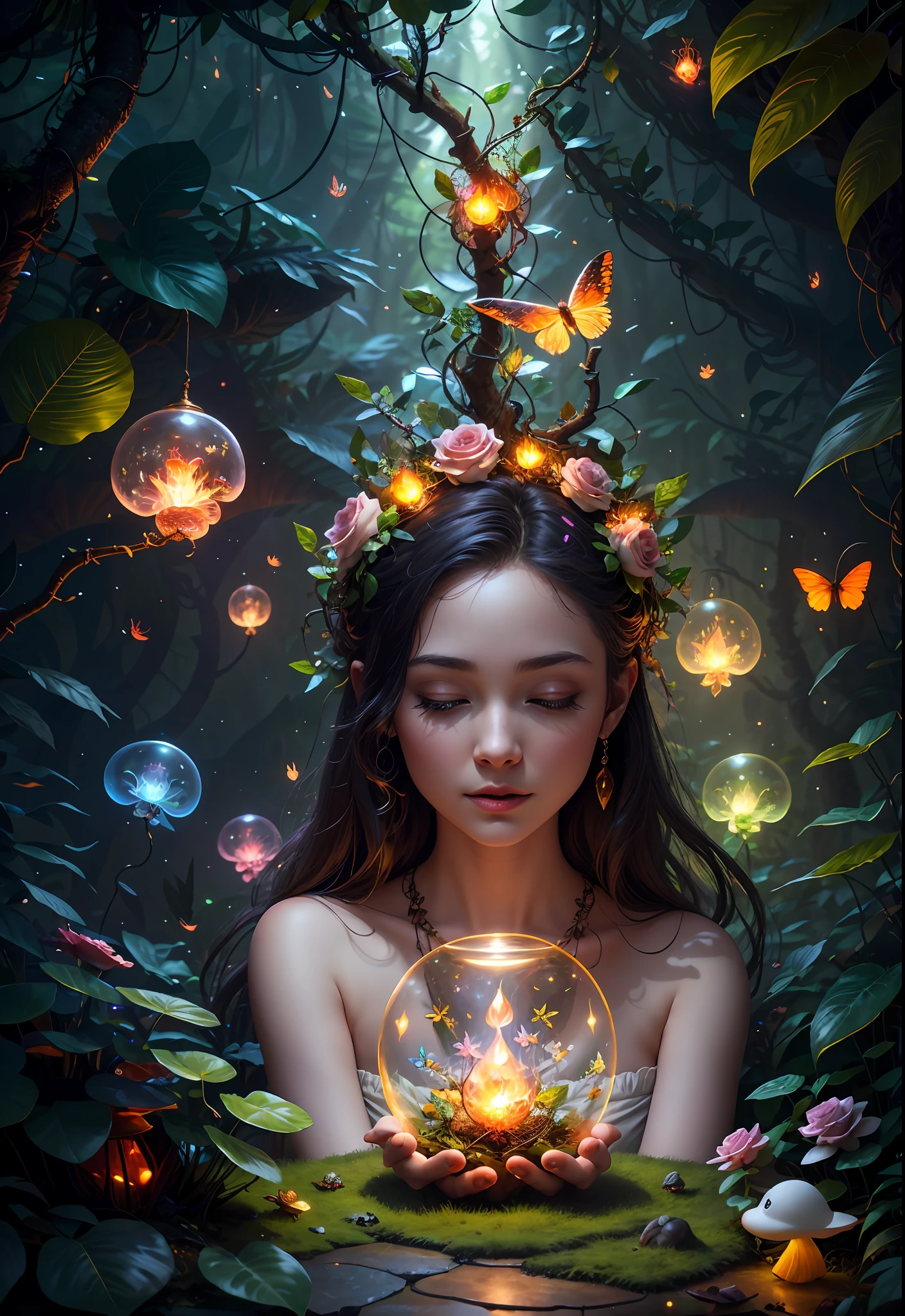 Fantasy in a glass, "ethereal roses, cute animals, glowing little mushrooms surrounded by delicate leaves and branches, and fireflies and glowing particle effects", (natural elements), (jungle theme), (leaves), (branches), (fireflies), butterflies, (delicate leaves), (glow), (particle effects), super realistic, super detailed, dramatic lightning, 4k, masterpiece,