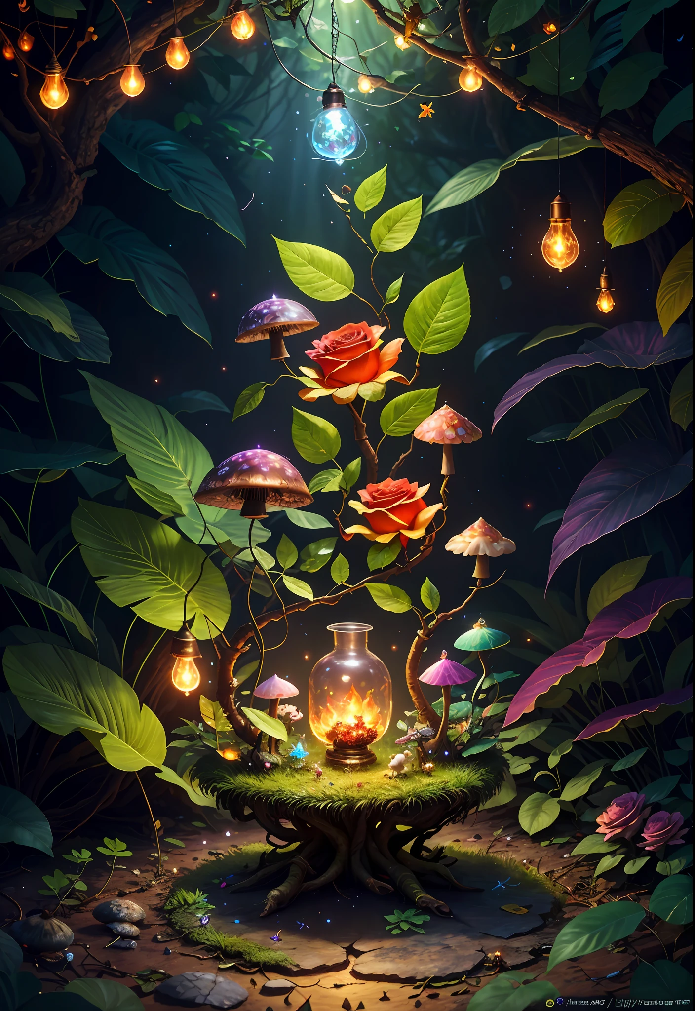 Fantasy in a glass, "ethereal roses, cute animals, glowing little mushrooms surrounded by delicate leaves and branches, and fireflies and glowing particle effects", (natural elements), (jungle theme), (leaves), (branches), (fireflies), butterflies, (delicate leaves), (glow), (particle effects), super realistic, super detailed, dramatic lightning, 4k, masterpiece,
