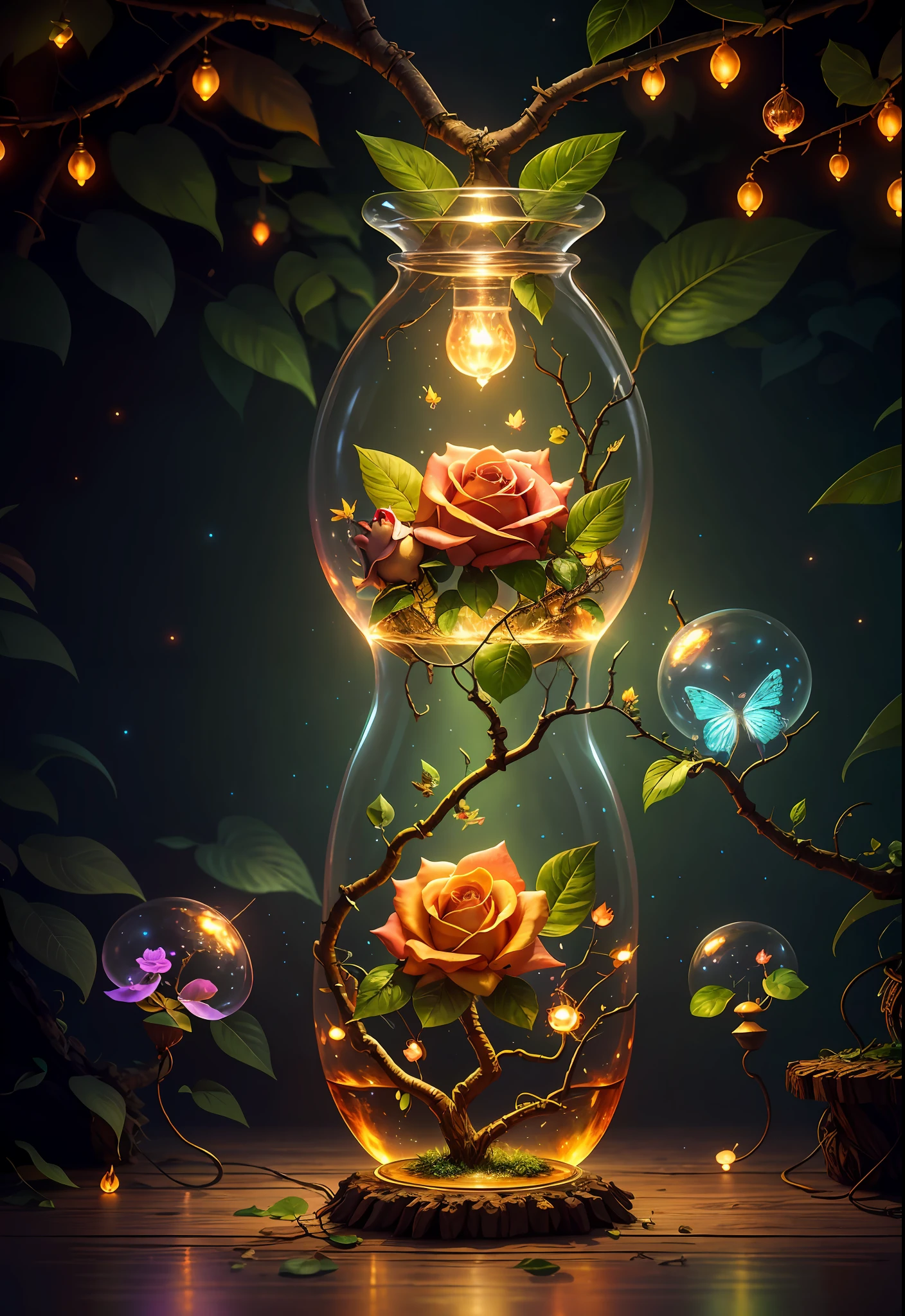 Fantasy in a glass, "ethereal roses, cute animals, glowing little mushrooms surrounded by delicate leaves and branches, and fireflies and glowing particle effects", (natural elements), (jungle theme), (leaves), (branches), (fireflies), butterflies, (delicate leaves), (glow), (particle effects), super realistic, super detailed, dramatic lightning, 4k, masterpiece,