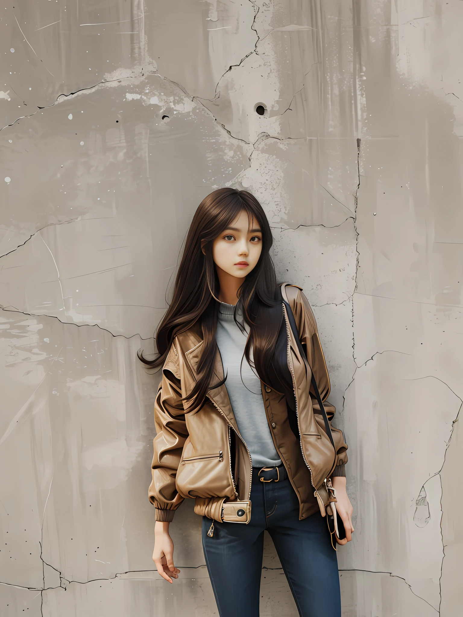 Woman leaning against the wall, holding purse and jacket, a young woman, female fashion model, brown jacket, big eyes, long hair, slim figure, looking at the camera,