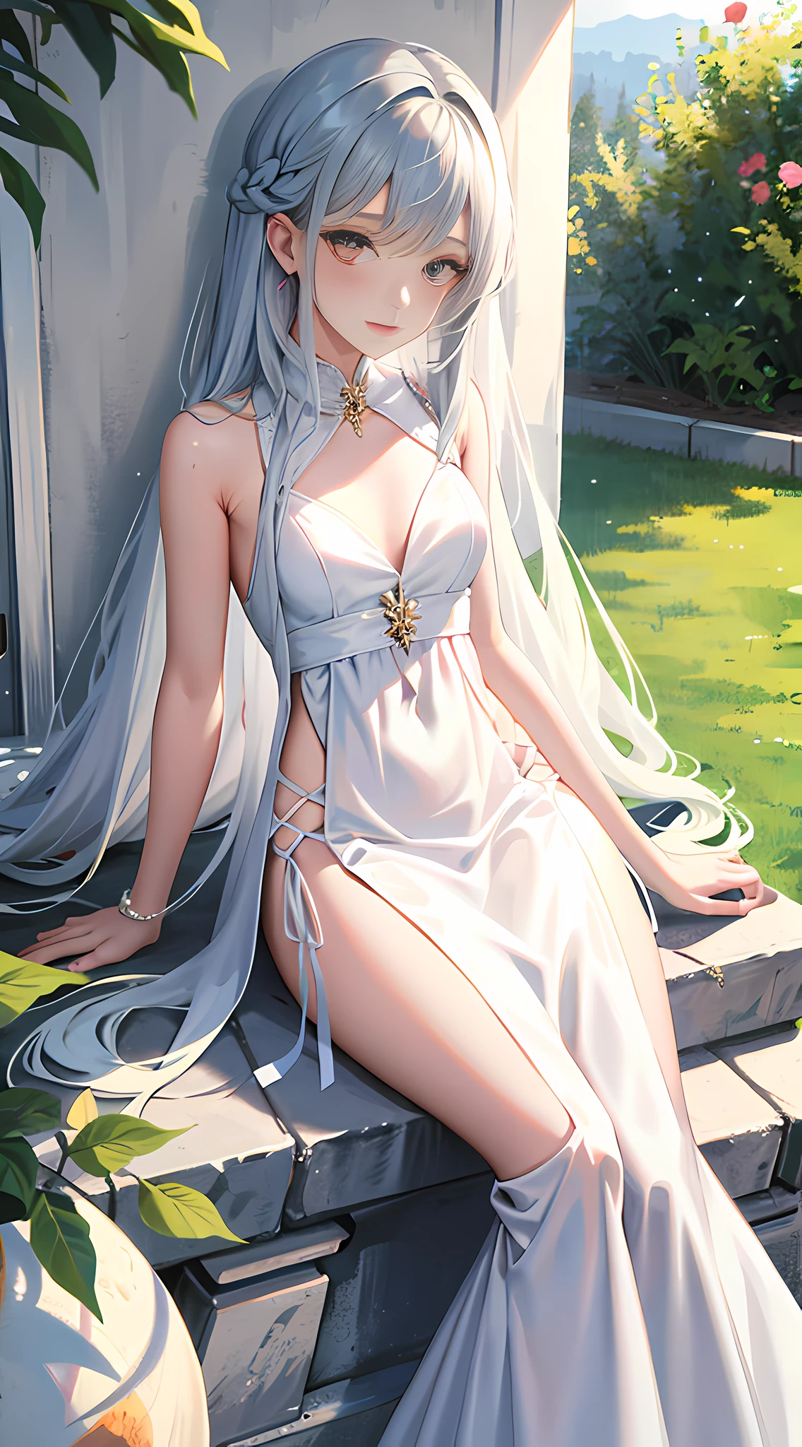 portrait of a girl,rose wall,sliver gradient hair,long hair,white dress,fantasy,.