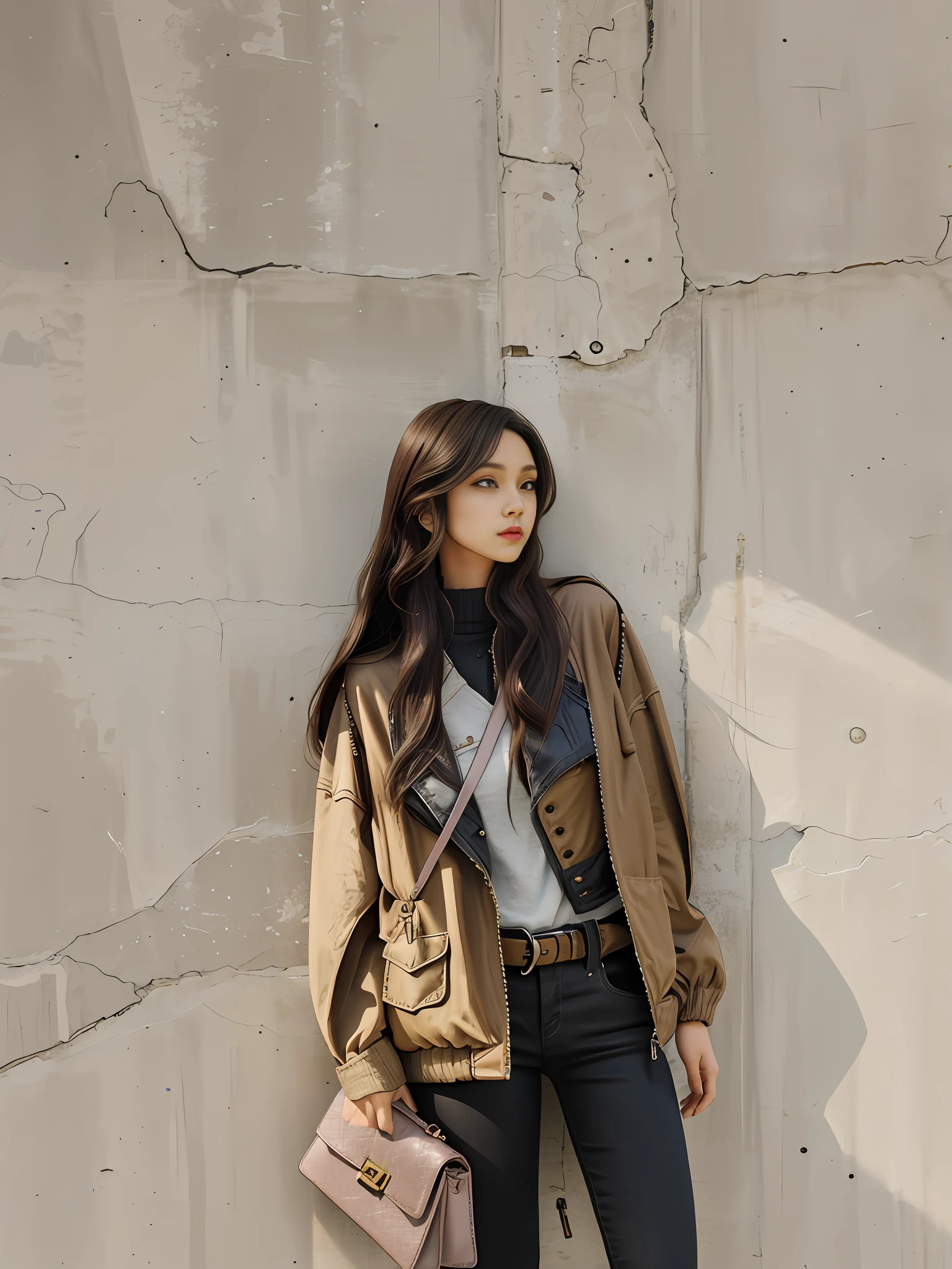 Woman leaning against the wall, holding purse and jacket, a young woman, female fashion model, brown jacket, big eyes, long hair, slim figure, looking at the camera,