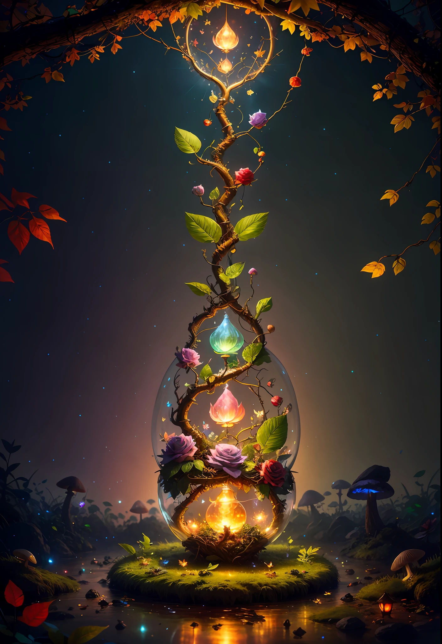 Fantasy in a glass, "ethereal roses, cute animals, glowing little mushrooms surrounded by delicate leaves and branches, and fireflies and glowing particle effects", (natural elements), (jungle theme), (leaves), (branches), (fireflies), butterflies, (delicate leaves), (glow), (particle effects), super realistic, super detailed, dramatic lightning, 4k, masterpiece,
