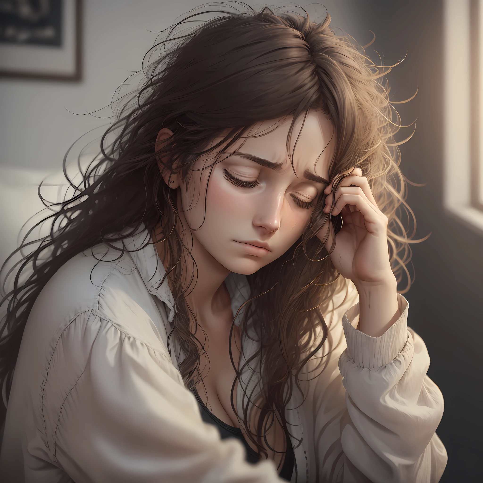 tired woman, with hands in hair, messy hair, sleepy look, tired look, hd, realistic, 8k --auto --s2