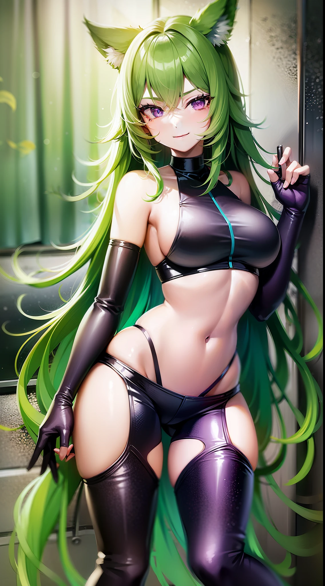 Young girl, long green hair, purple eyes, cat ears, smirk, superhero form, pants, open belly, inner sideboob, masterpiece, high quality
