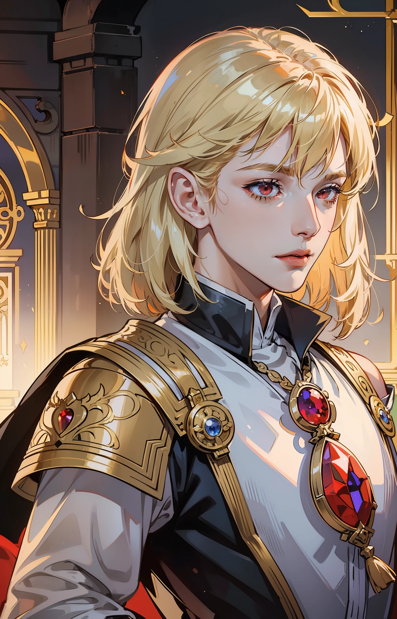 kk, best quality, more details, masterpiece, 1 boy, portrait, male focus, ruby red eyes, solo, straight bangs, look at the viewer, noble clothes, short and straight hair, ((fantasy city, palace))), highlights, (holding a silver sword), (((blond hair, gold, straight cut over shoulders, STRAIGHT))), luxurious, 8k, detailed, ray tracing, depth of field, cinematic lighting,