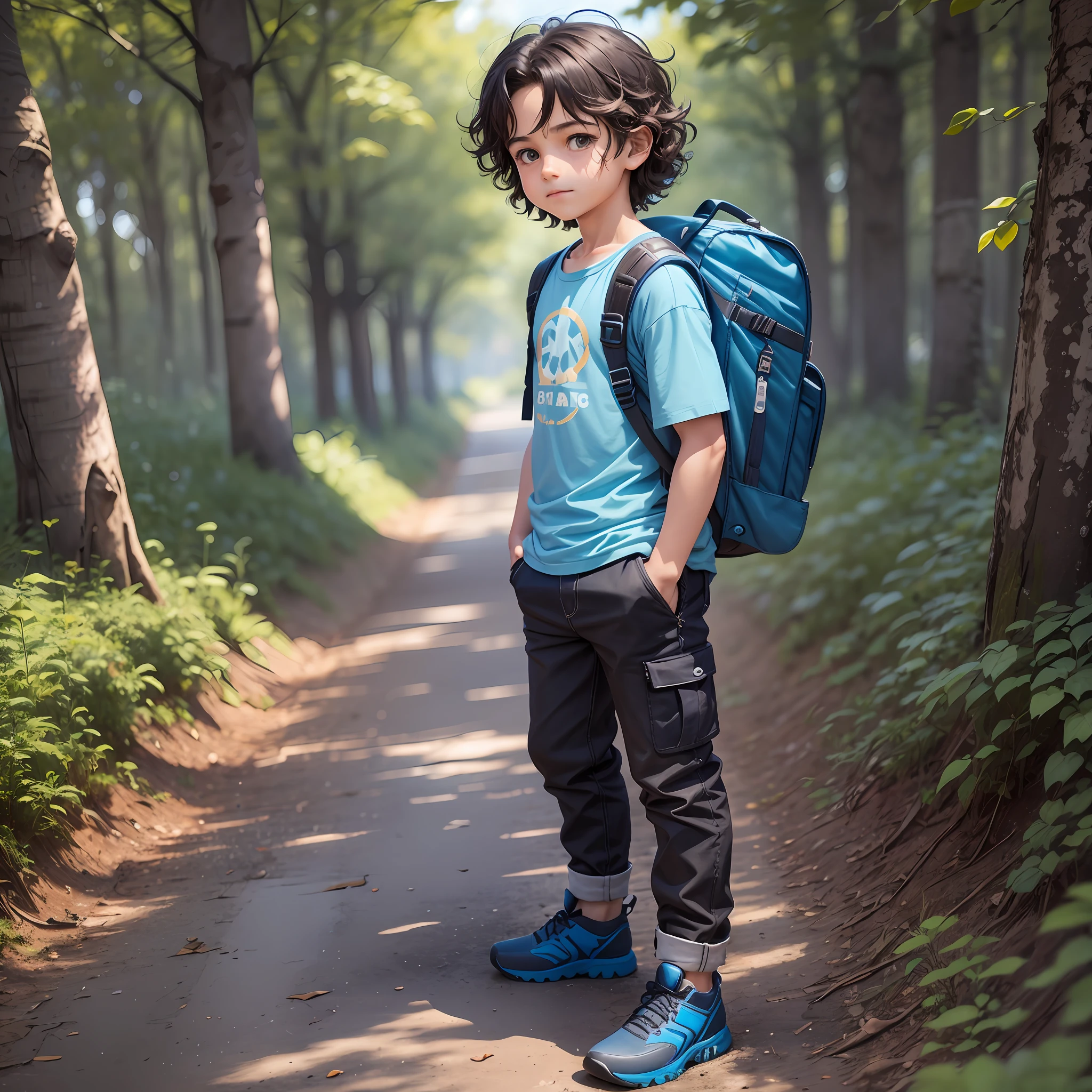 The 3D illustration depicts an animated -year boy. has fair skin and wavy hair. His eyes glow with a warm brown color, showing curiosity and energy. The boy is dressed in a modern and technological outfit. He wears a light blue T-shirt, which highlights his laid-back and cheerful style. Matching the T-shirt, he wears a pair of dark blue pants, which provides comfort and freedom of movement. On his feet, he wears modern and robust boots, which are both stylish and practical for his adventures and a technological backpack --auto --s2