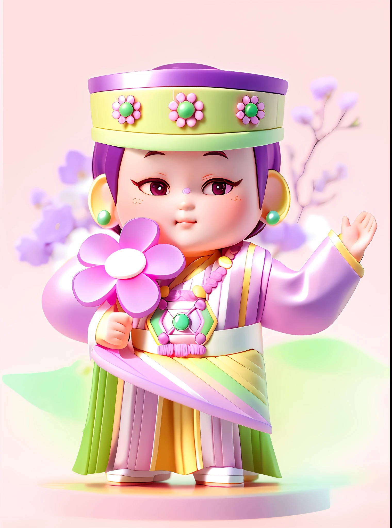 Blind box toy style, cartoon girl wearing sleeve pink, skirt green and purple Hanfu Hanfu holding a small white flower in one hand and pointing up with one hand, wearing a small ethnic hat with a yellow brim, black hat, a pair of round silver earrings on her ears, Chinese girl, ethnic girl, intricate details, color follows the original picture, clean background